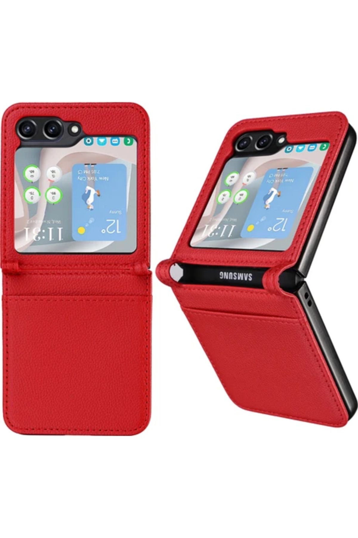 Obay shell Digital Galaxy Z Flip6 5g Kılıf Litchi Doku Pu Deri + Pc Kart Yuvası Telefon Kapağı-Kırmızı