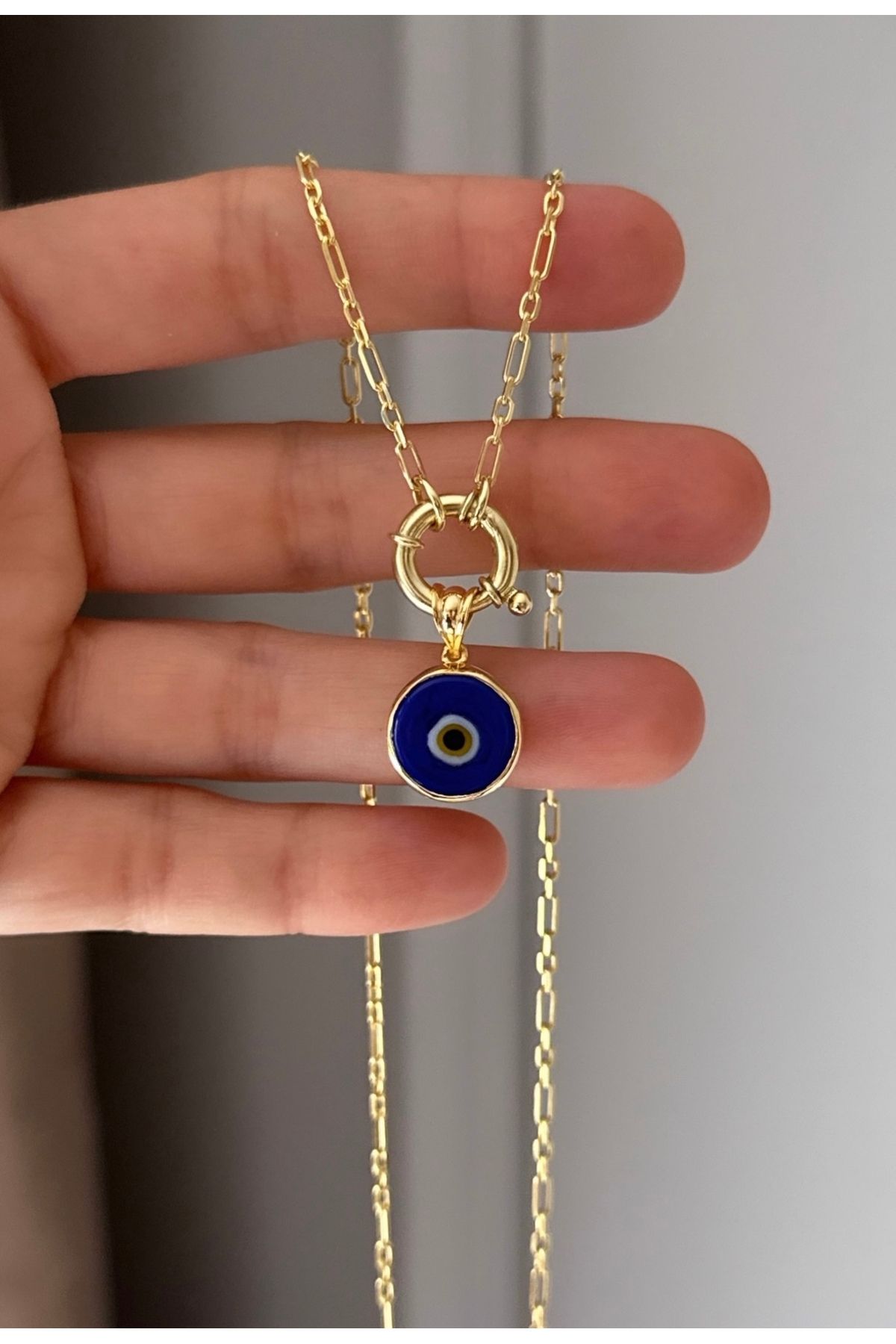 emy by emel luxury silver jewelry Altın Kaplama Gemici Kilitli Nazar Boncuklu Kolye 925 Ayar Gümüş