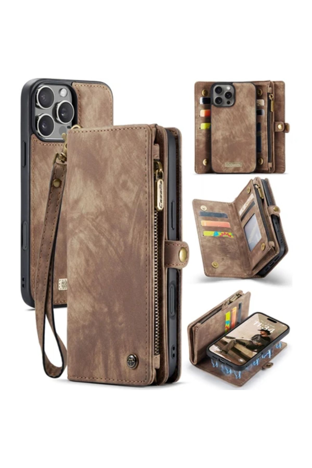 Obay 16 Pro Max Için Vintage Çok Fonksiyonlu Deri Flip Cüzdan Kart Yuvaları Telefon Kılıfı - Kahverengi