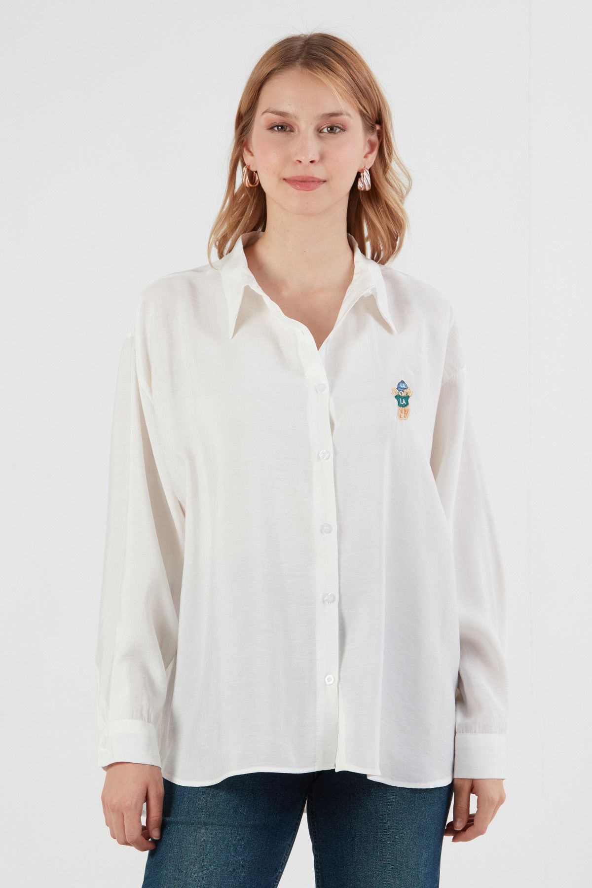 Fulla Moda Ayıcık Nakışlı Uzun Kollu Oversize Modal Gömlek