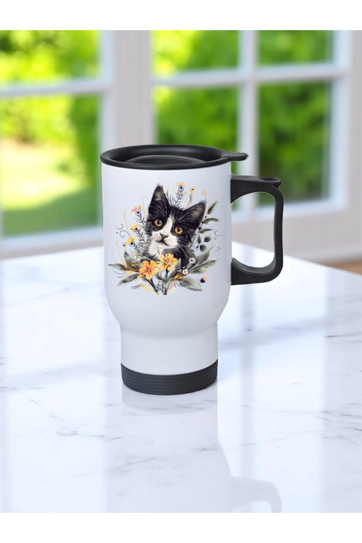 lili hediyelik Çiçekli Yavru Kedi Baskılı Kulplu Çelik Bardak Termos 450 ml