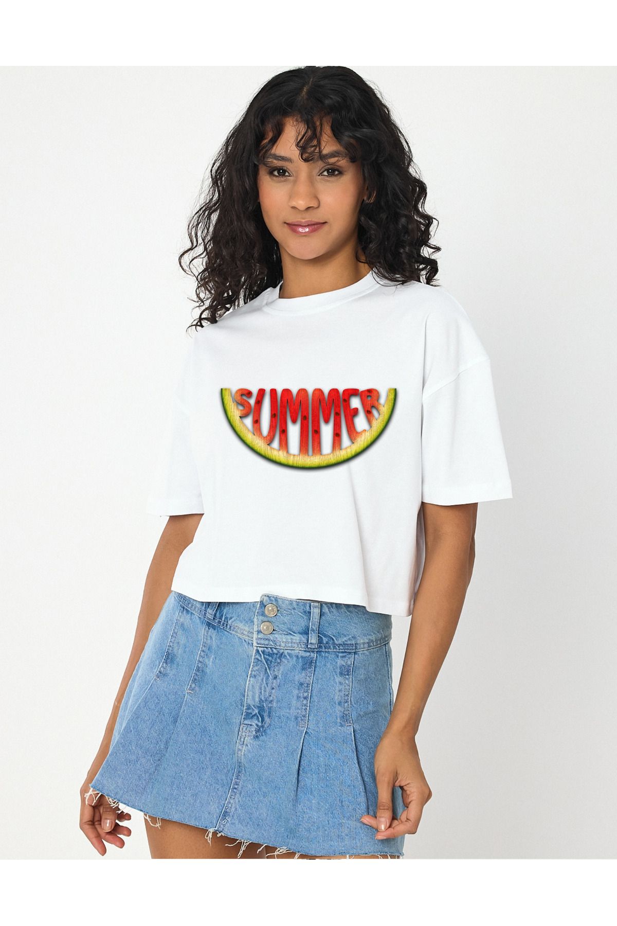 Windy Island Kadın Bisiklet Yaka Summer Karpuz Baskılı Crop T-shirt
