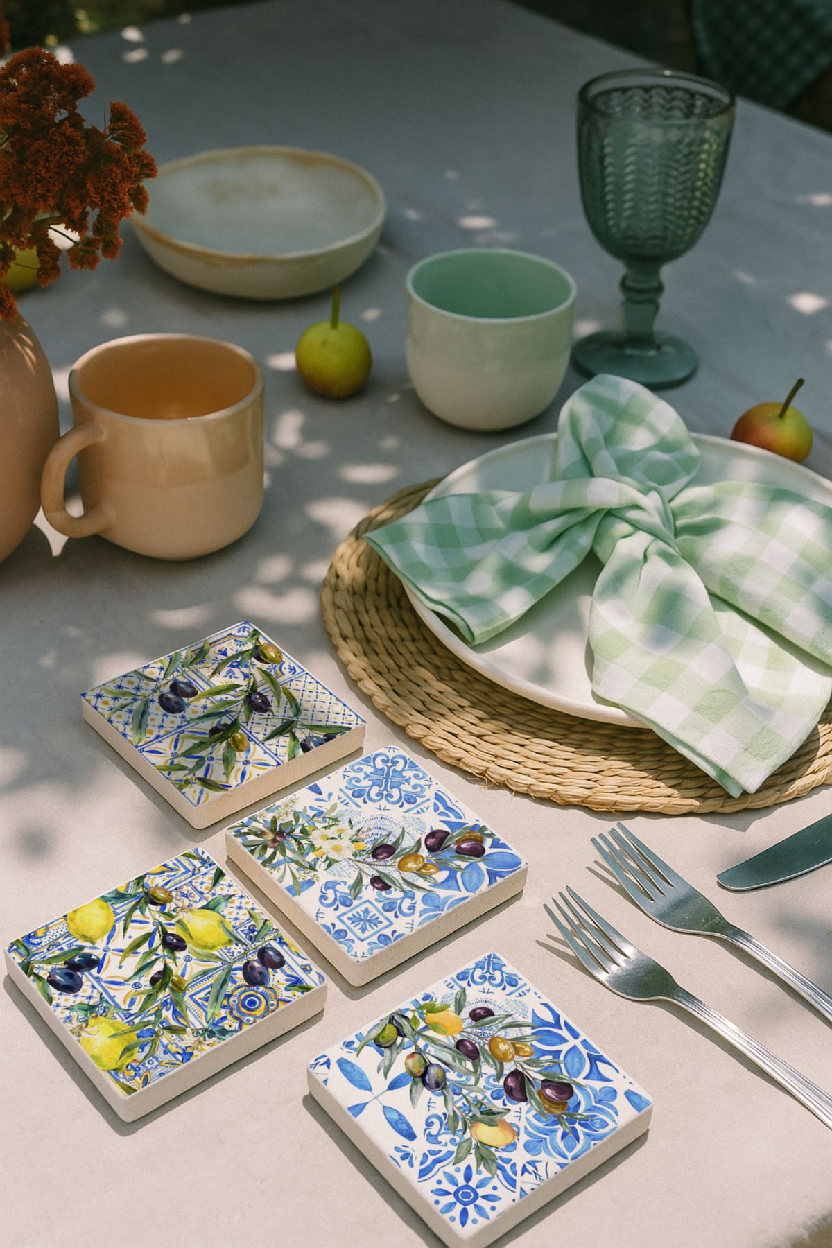 arslart Ege Desenli Zeytin ve Limon Figürlü Doğal Taş Bardak Altlığı 4’lü Set