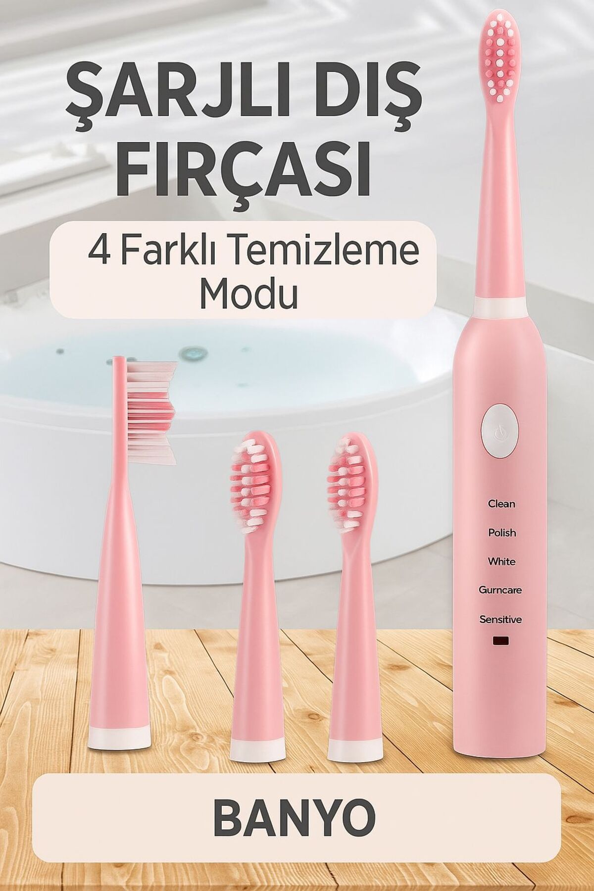 Kelepir Fırsatlar Şarjlı 5 Kademeli Pembe Elektrikli Diş Fırçası – 4 Başlık ve USB Şarj Kablosu Dahil