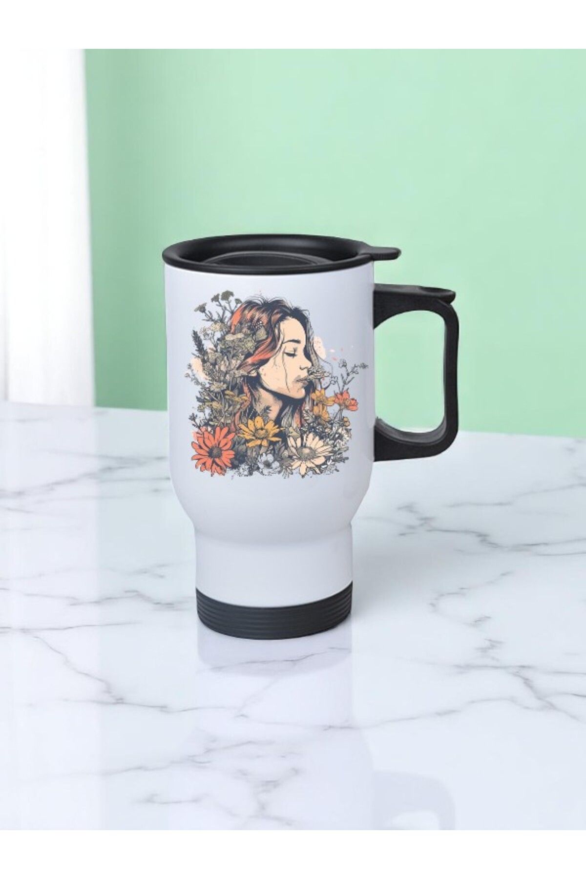 lili hediyelik Çiçekler İçinde Kadın Baskılı Kulplu Çelik Bardak Termos 450 ml