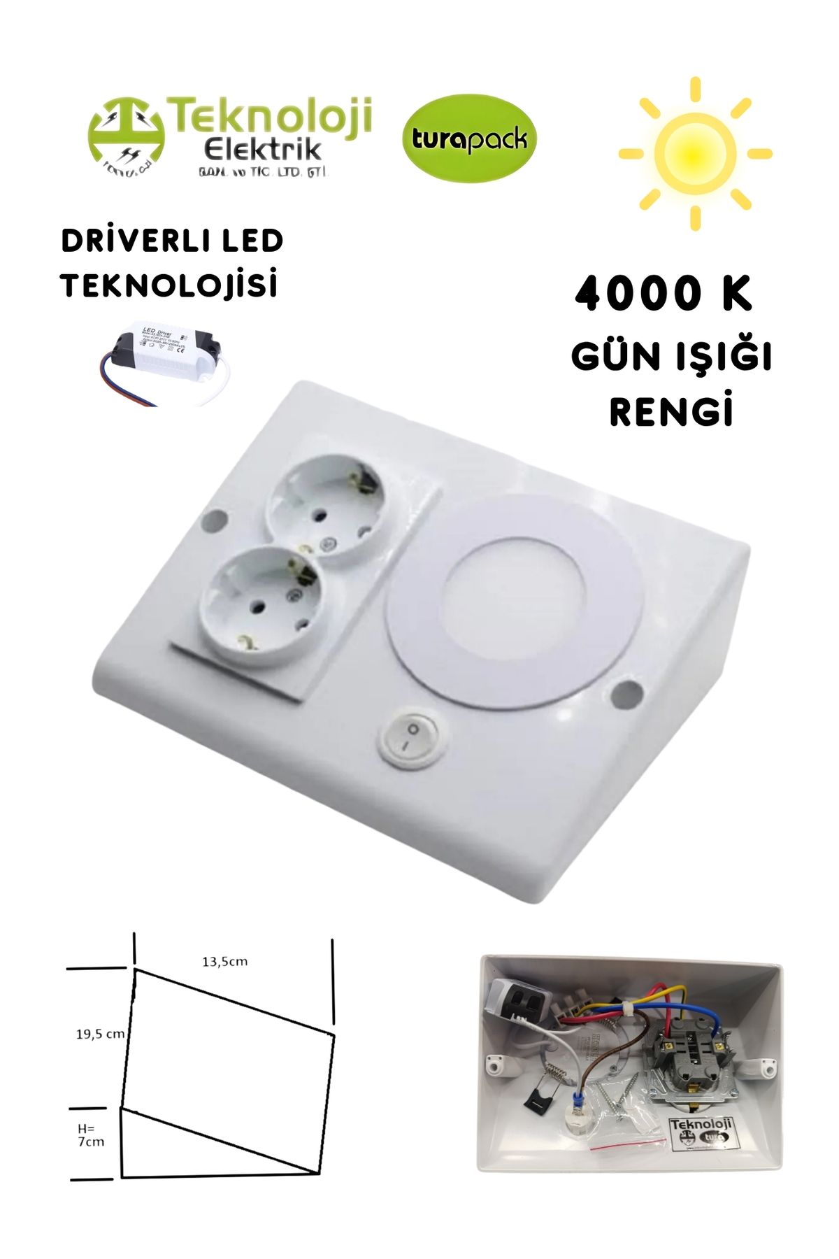 HOMSPARK Tezgah Dolap Altı 2'li Priz Anahtarlı 3 Watt Led Spot Aydınlatma( GÜN IŞIĞI ) 3 Renk Kasa Modeli