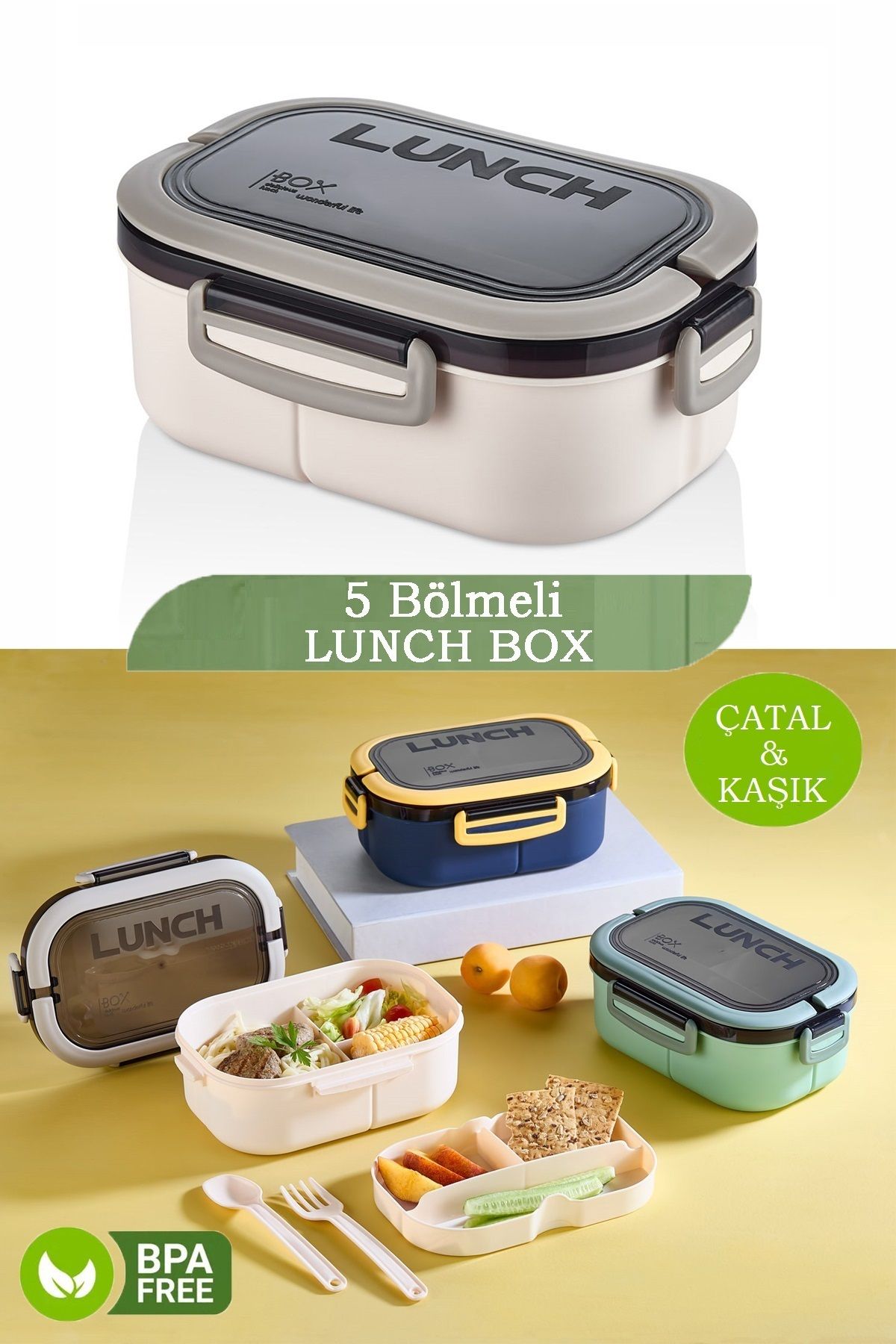 M&L LUNCH BOX 5 Bölmeli Taşınabilir Yemek Kabı Lunch Box Diyet Beslenme Kutusu Saklama Kabı Çatal Kaşık Sefer Tası