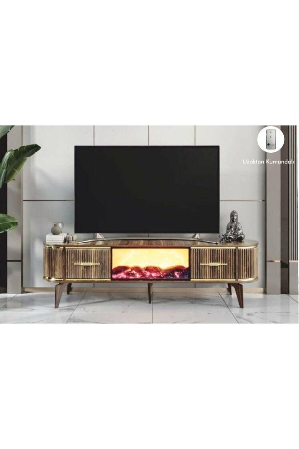 Yuvaset Home 2 Kapılı Ceviz Uzaktan Kumandalı Şömineli TV Sehpası