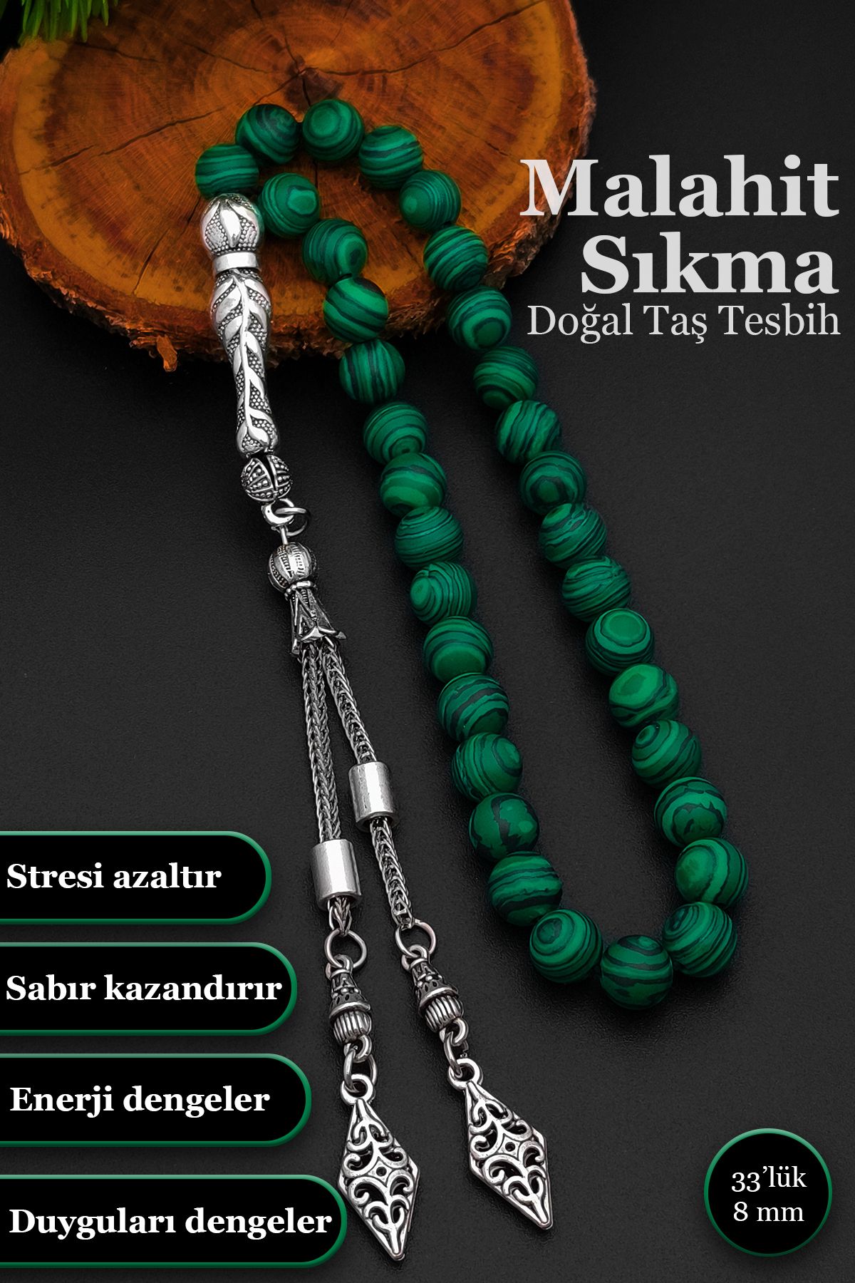 SİLVERA TELKARİ Erkek Sıkma Malahit Tesbih 8 mm BT041