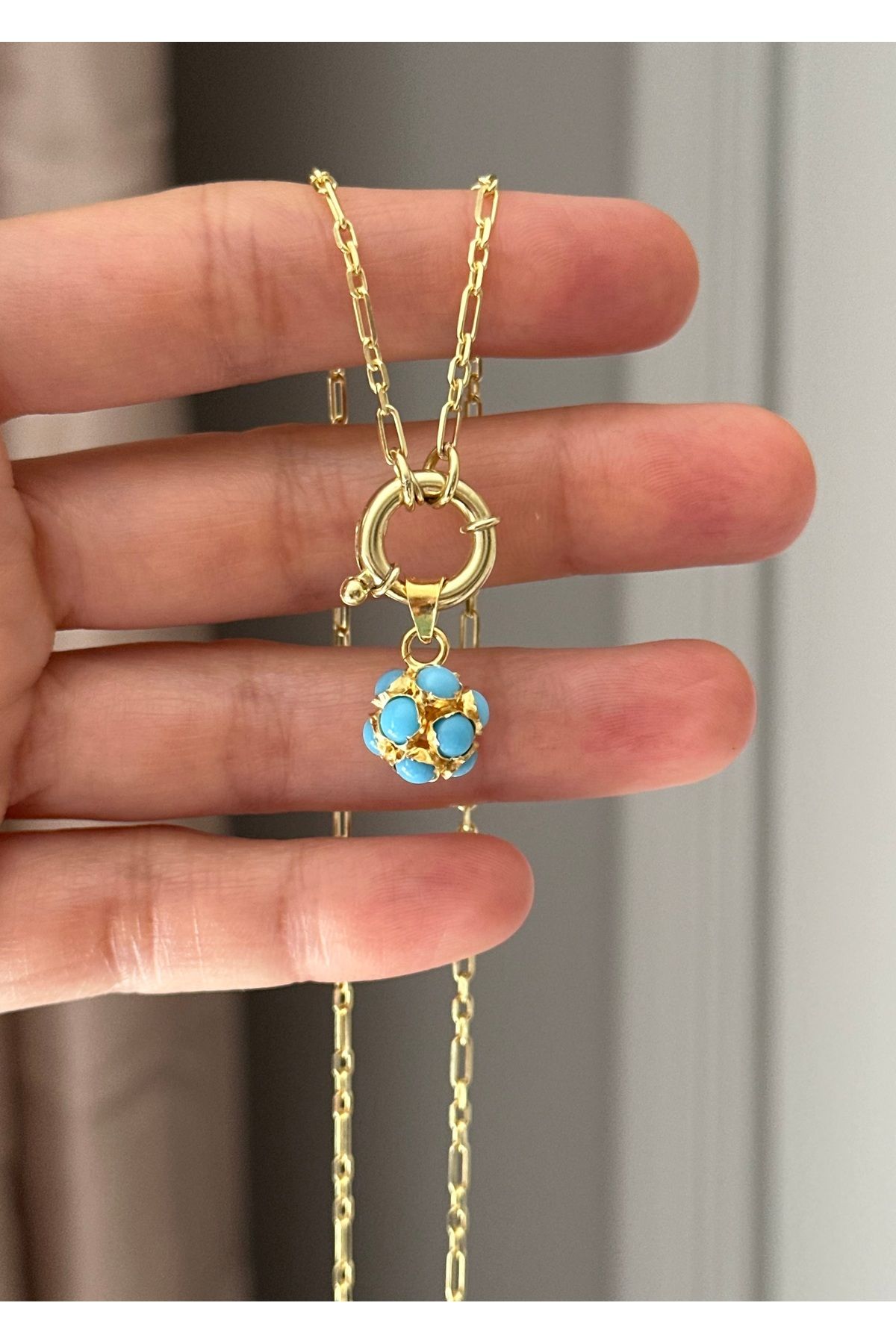 emy by emel luxury silver jewelry Altın Kaplama Gemici Kilitli İşlemeli Turkuaz Taşlı Kolye 925 Ayar Gümüş