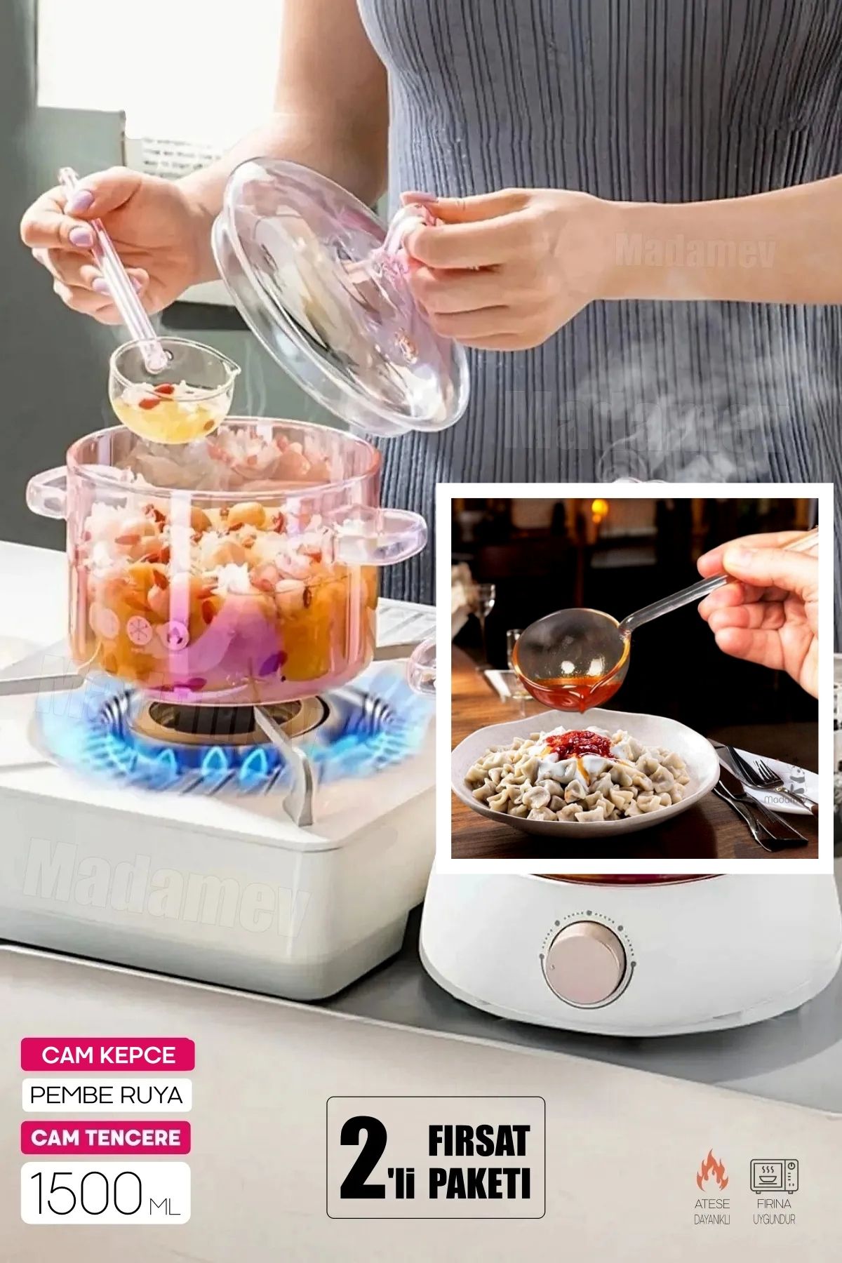 Tilbe Home Cam Kepçeli Pembe Cam Tencere 1500cc Isıya Dayanıklı Borosilikat 2li Cam Set Termisil Ocak Üstü