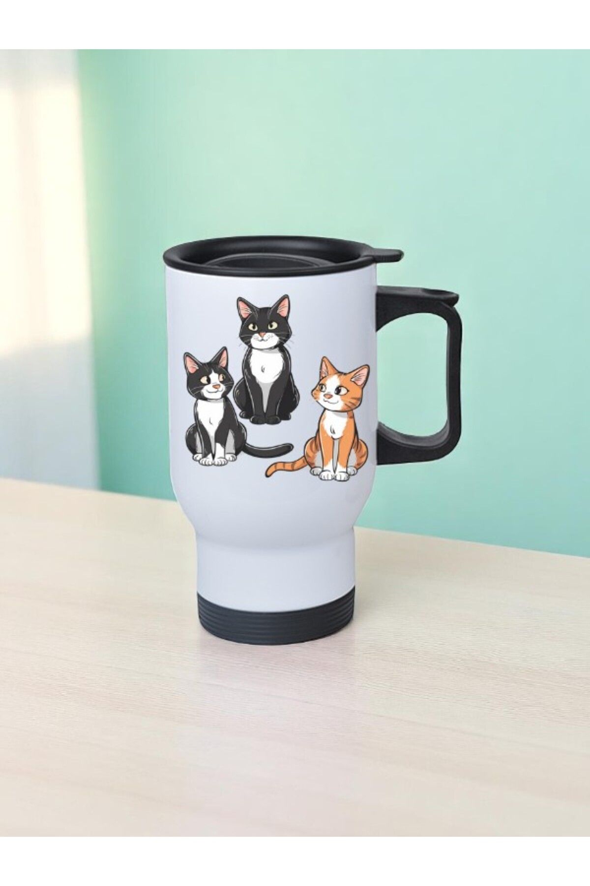 lili hediyelik Kedi Grubu Baskılı Kulplu Çelik Bardak Termos 450 ml