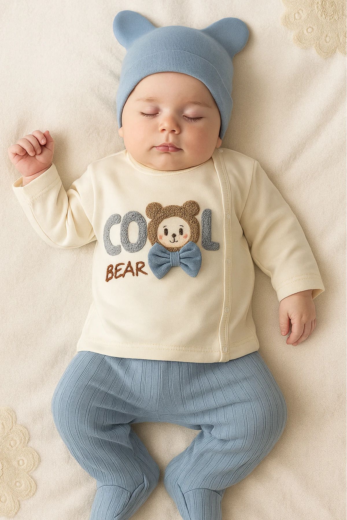 Çıldırıns Cool Bear Nakışlı 3 Parça Zıbın Seti