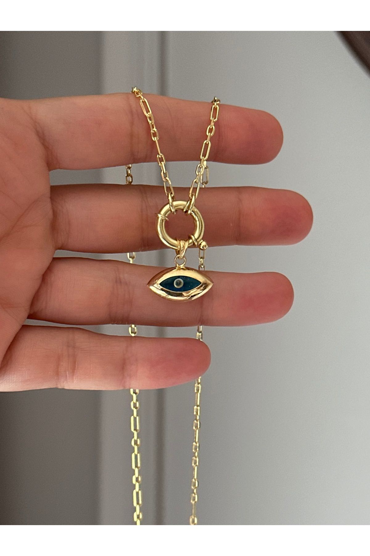 emy by emel luxury silver jewelry Altın Kaplama Gemici Kilitli Nazar Boncuklu Göz Kolye 925 Ayar Gümüş