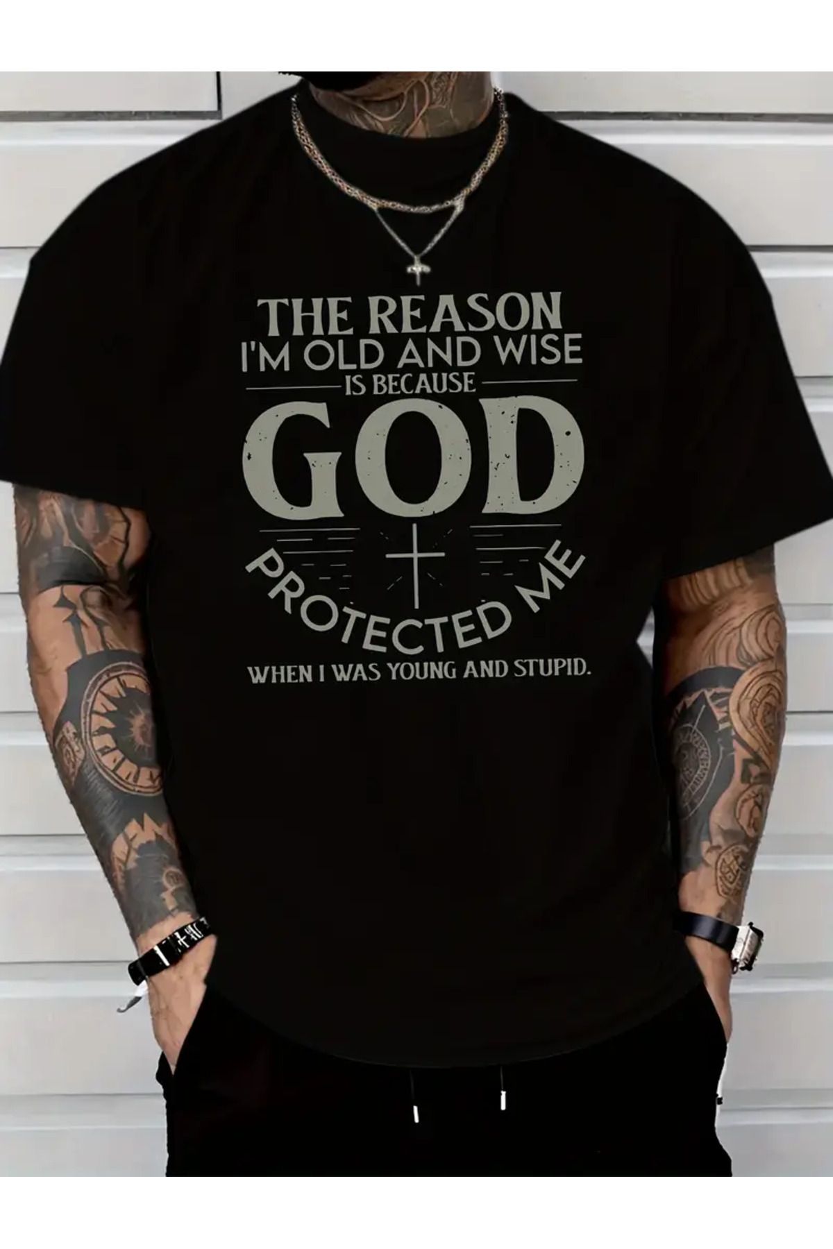 CLASİVA Unisex God Protected Me Baskılı Oversize Bisiklet Yaka T-shirt