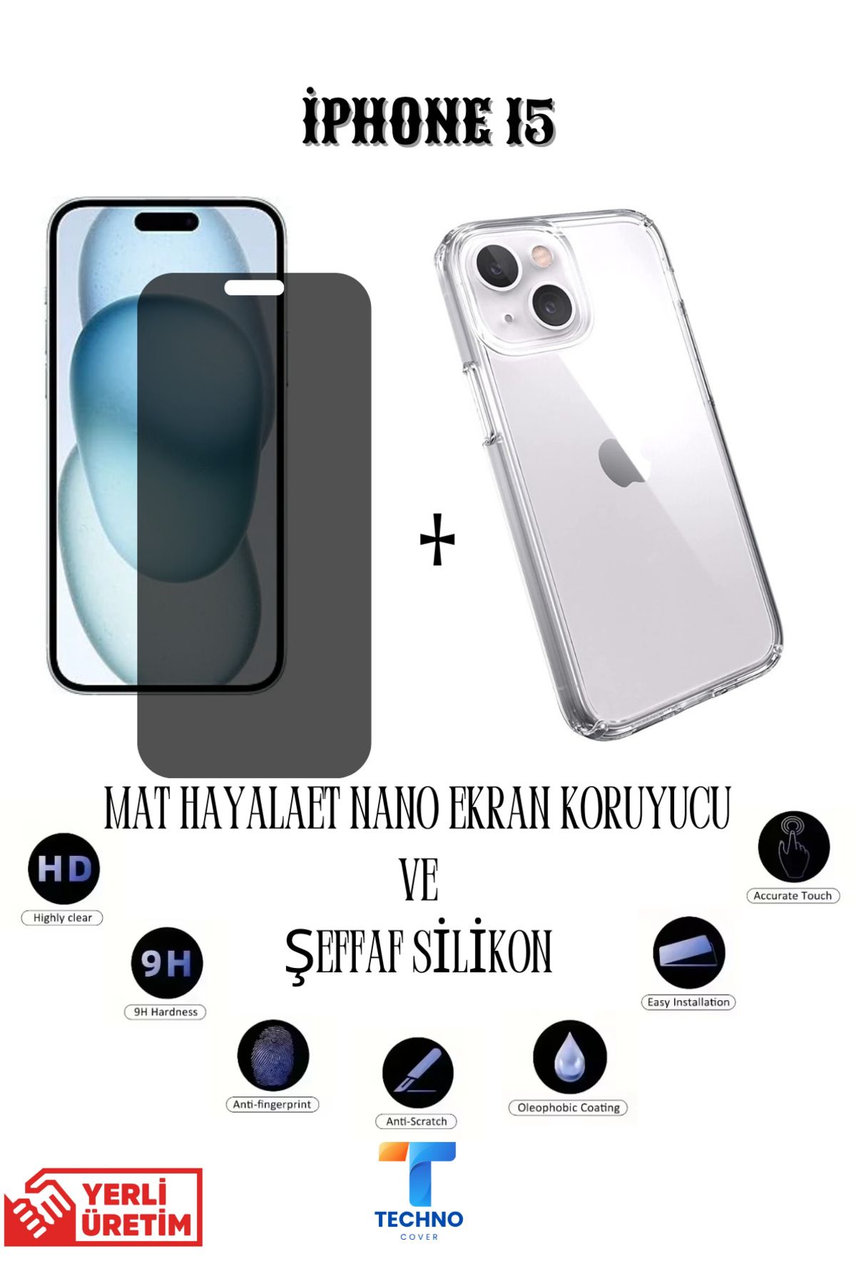 foxpower İphone 15 Mat Hayalet Nano Ekran Koruyucu vemŞeffaf Kılıf 2li Avantajlı Paket
