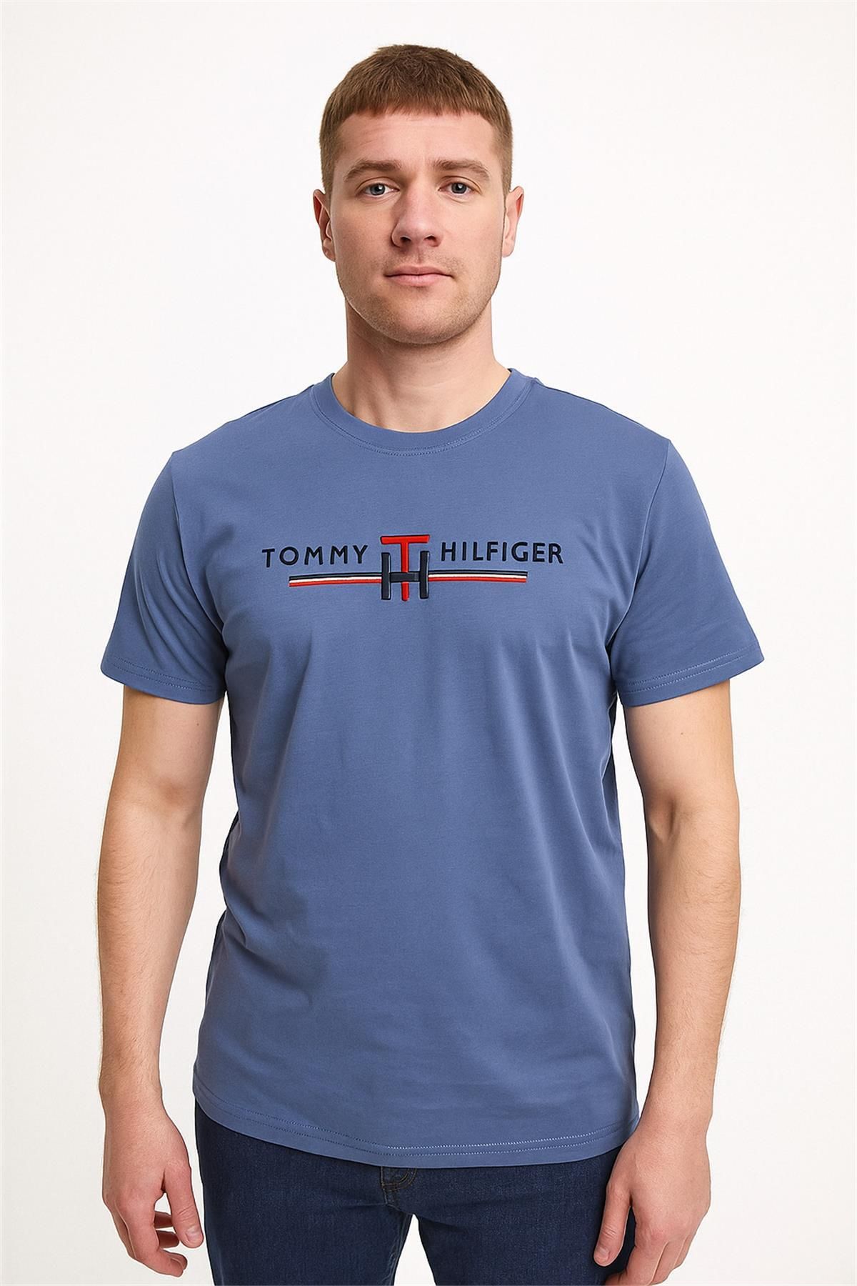 Trend07 TREND KAPINDA TOMMY BİSİKLET YAKA NAKIŞLI TSHİRT KOYU MAVİ