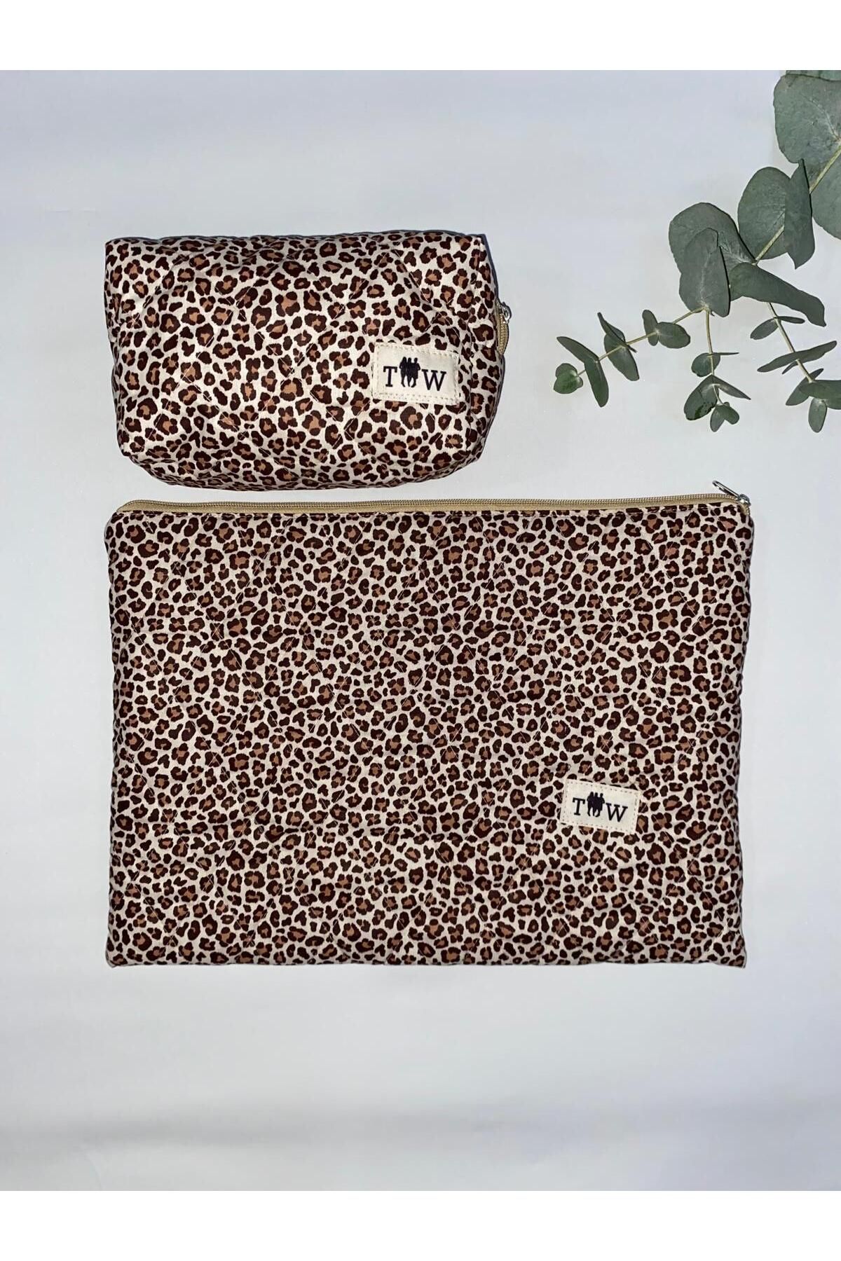 TALL WAY Leopar laptop kılıf-kalem çantası set (13-14 inç)