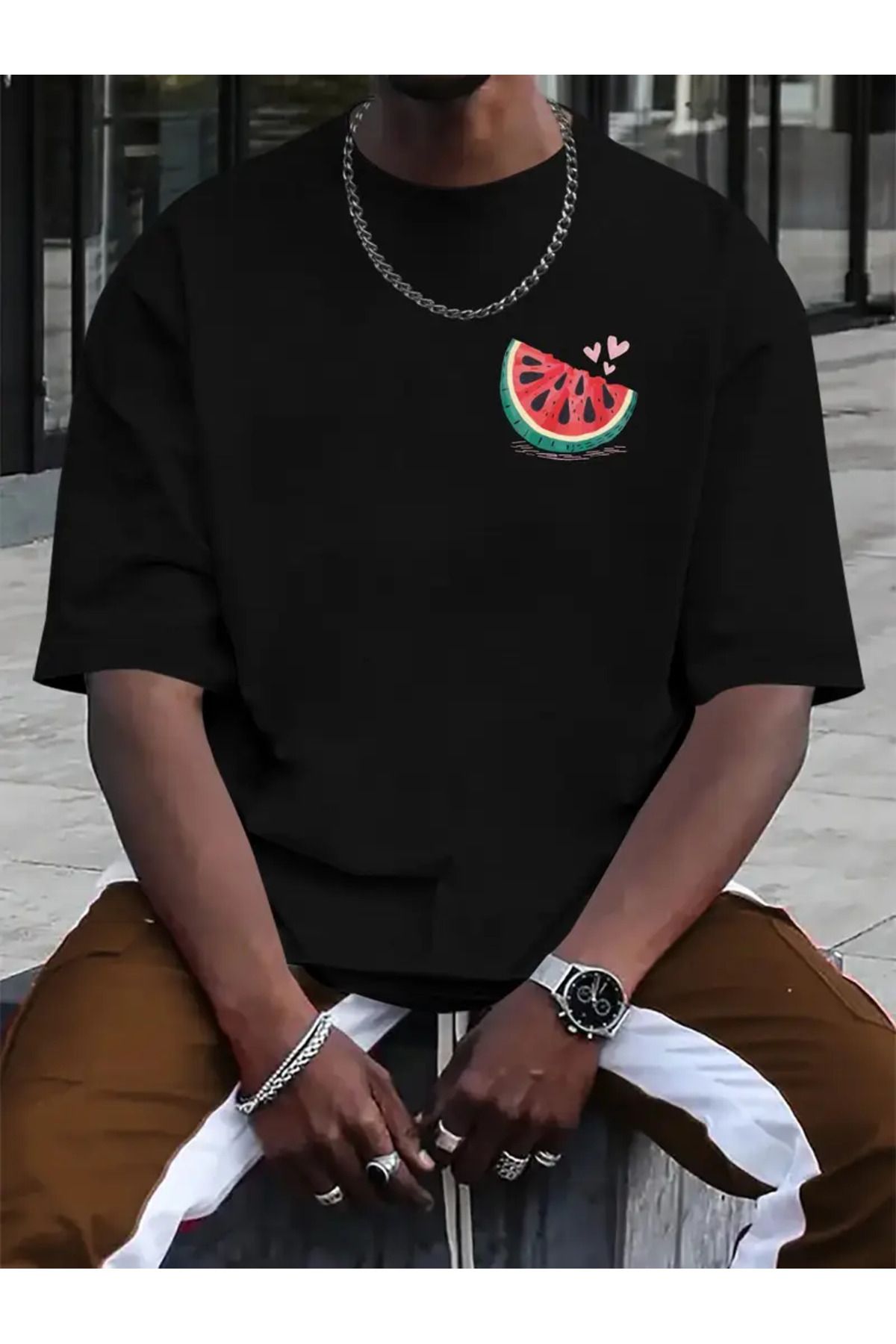 CLASİVA Unisex Karpuz Baskılı Oversize Bisiklet Yaka T-shirt
