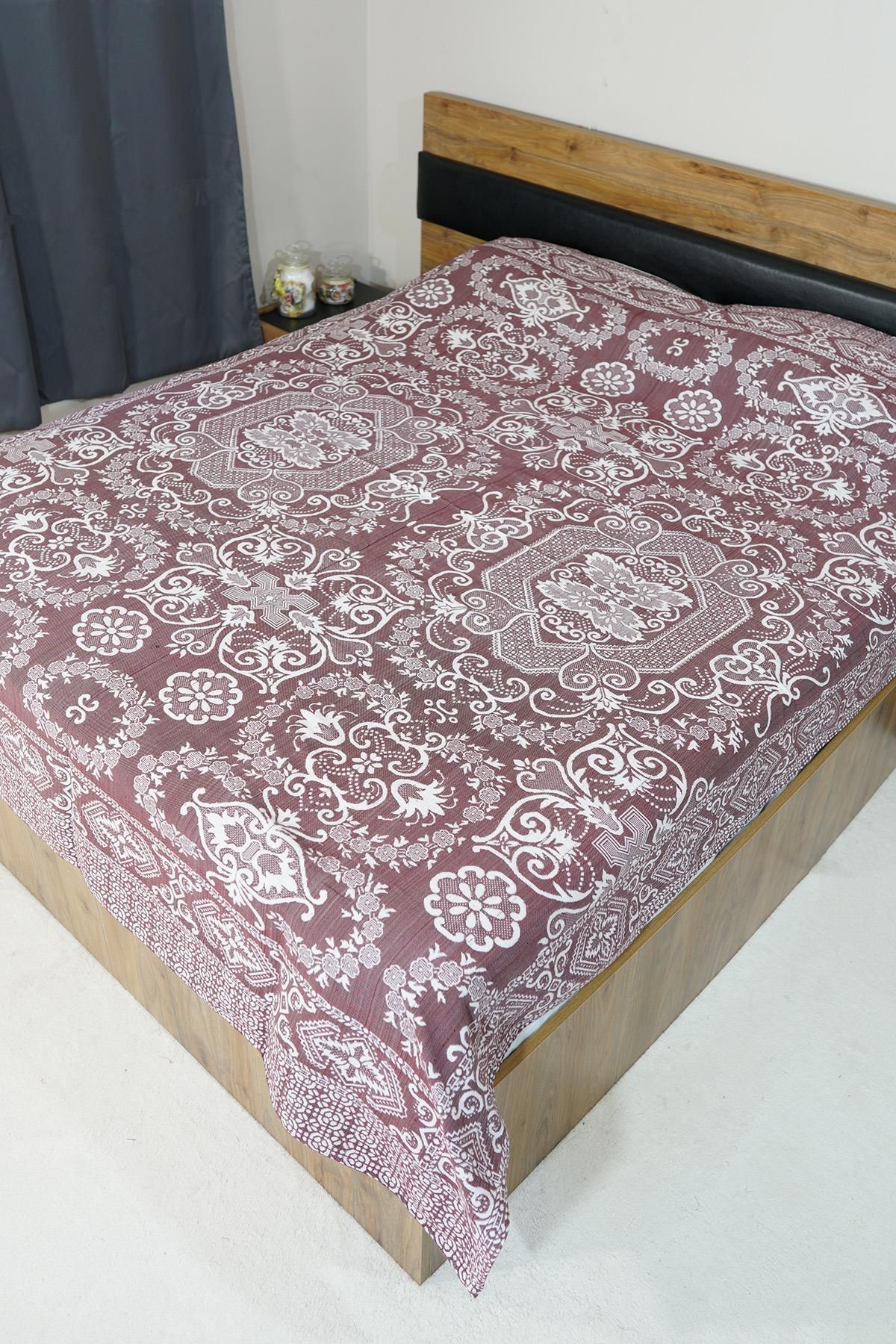 Defne&Apollon İpekçilik %100 Pamuk El Dokuması Çiçek Desenli Pike 190 x 230 cm - Bordo