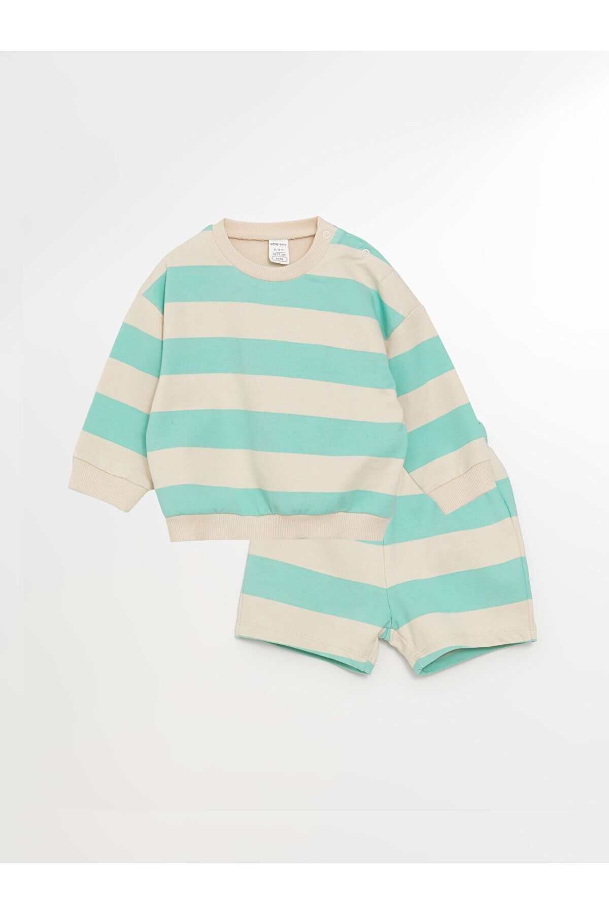 LC Waikiki Bisiklet Yaka Uzun Kollu Çizgili Erkek Bebek Sweatshirt ve Şort 2'li Takım
