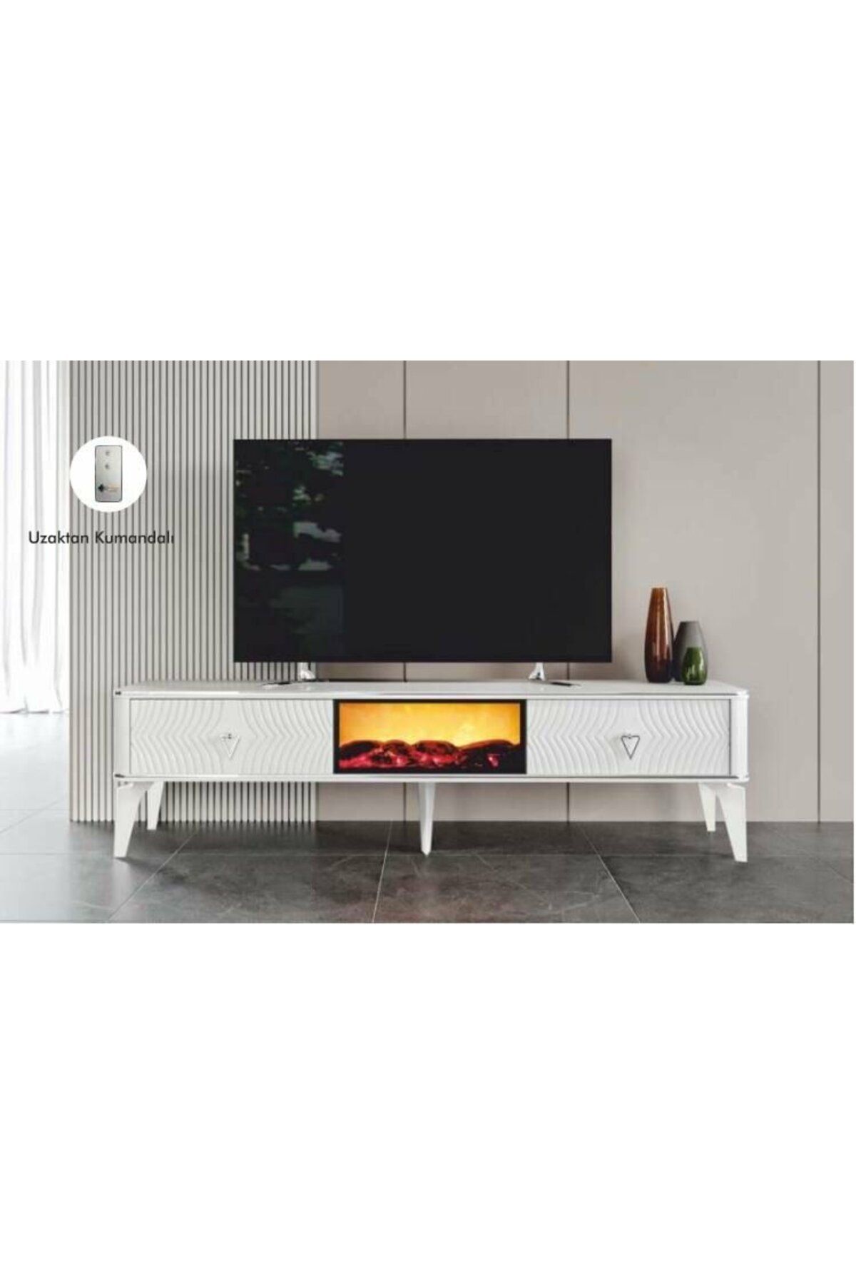 Yuvaset Home 2 Kapılı Beyaz/Gümüş Uzaktan Kumandalı Smart Şömineli TV Sehpası