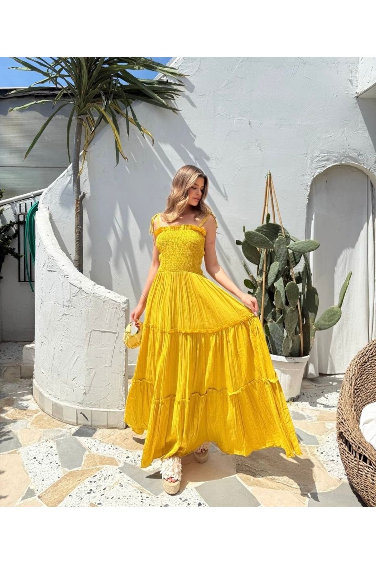 İLKCET MODA Gipeli Uzun Kadın Fırfırlı Sarı Elbise