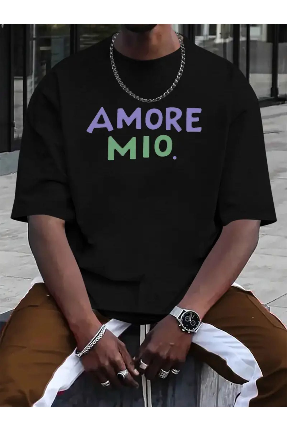 CLASİVA Unisex Amore Mio Baskılı Oversize Bisiklet Yaka T-shirt