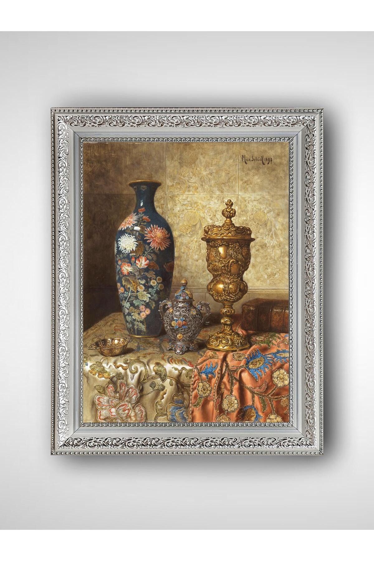 WoodyArts Eski Vazolar ve Örtü - Beyaz Vintage Çerçeve