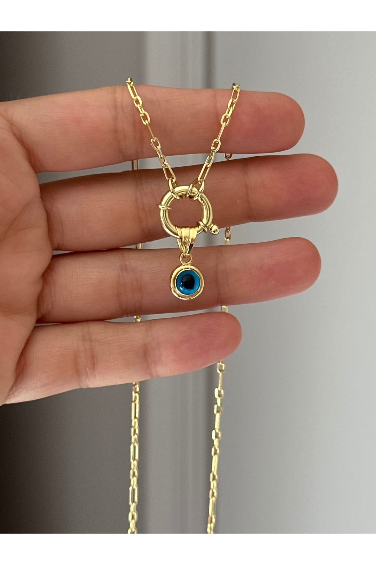 emy by emel luxury silver jewelry Altın Kaplama Gemici Kilitli Nazar Boncuklu Kolye 925 Ayar Gümüş
