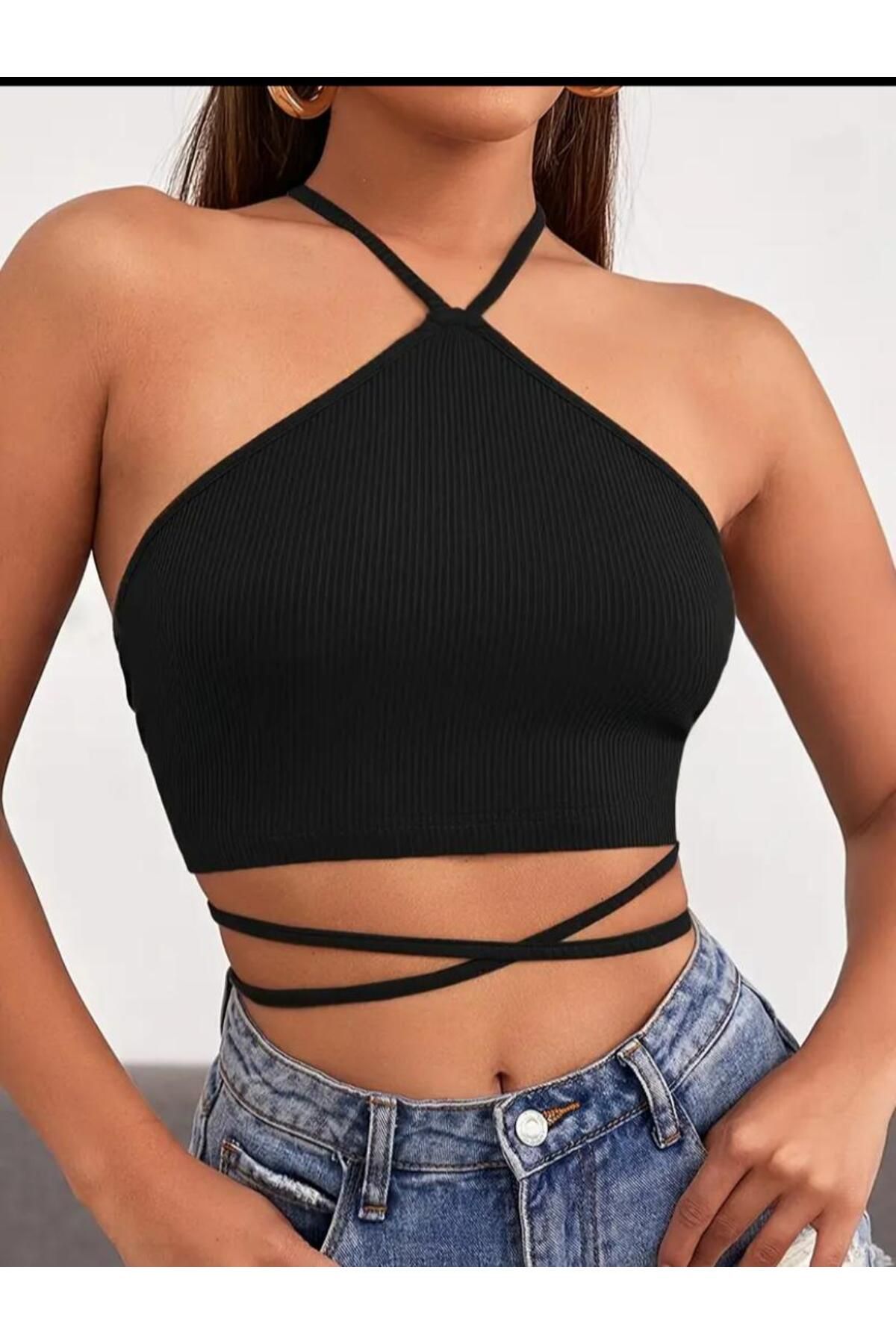 Pupa Siyah Ip Bağlamalı Fitilli Crop Bluz