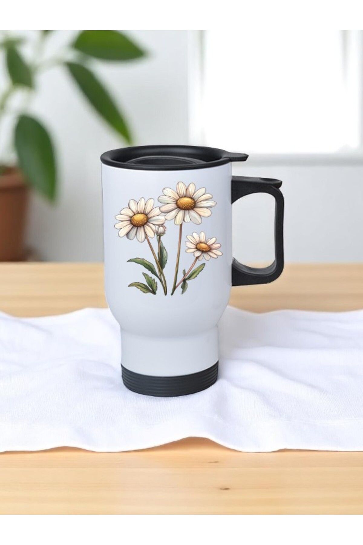 lili hediyelik Papatya Demeti Baskılı Kulplu Çelik Bardak Termos 450 ml