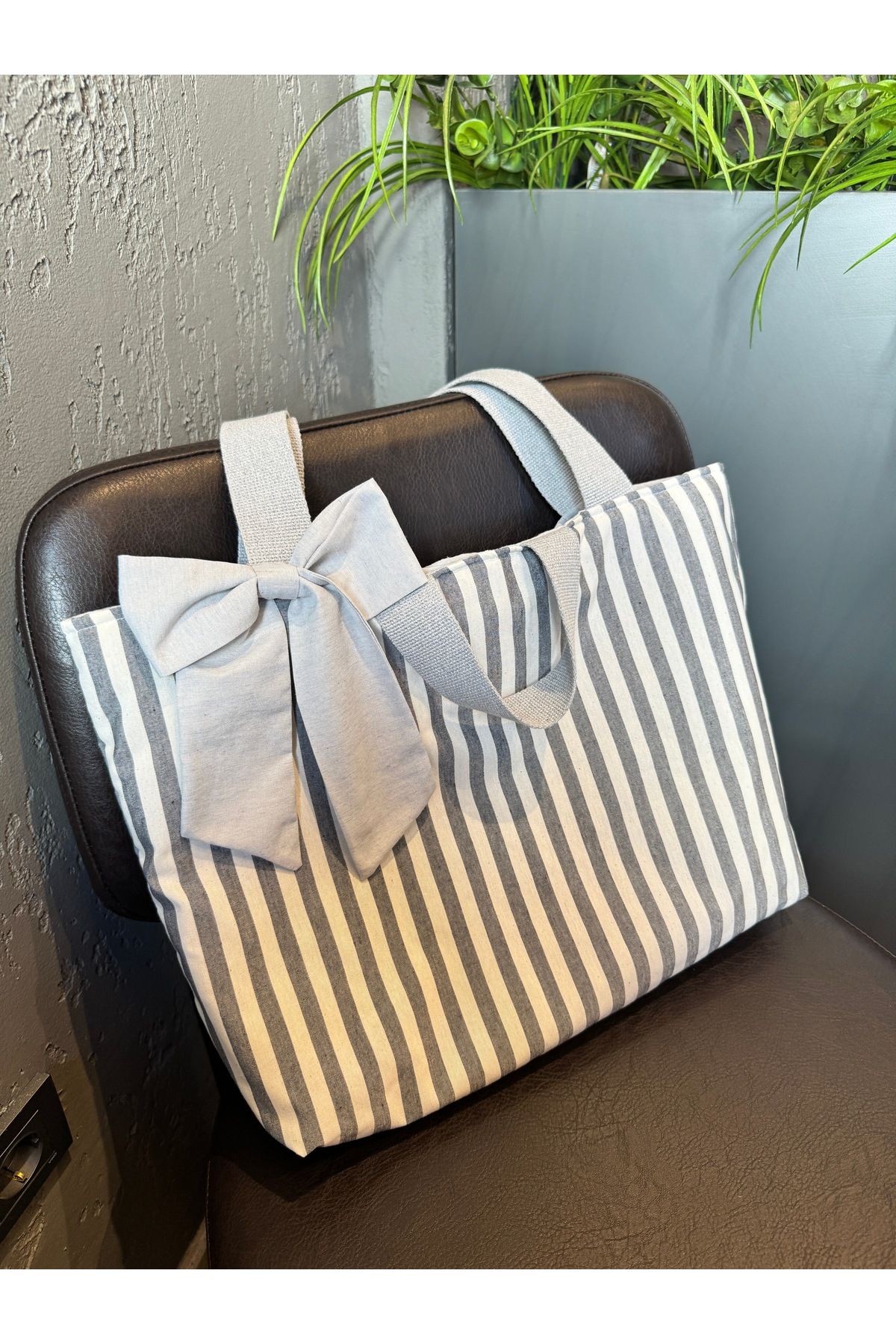 Geona Kadın Çizgili Fiyonk Detaylı Tasarım El ve Omuz Çantası / Gri Astarlı Shopper Çanta Tote Bag