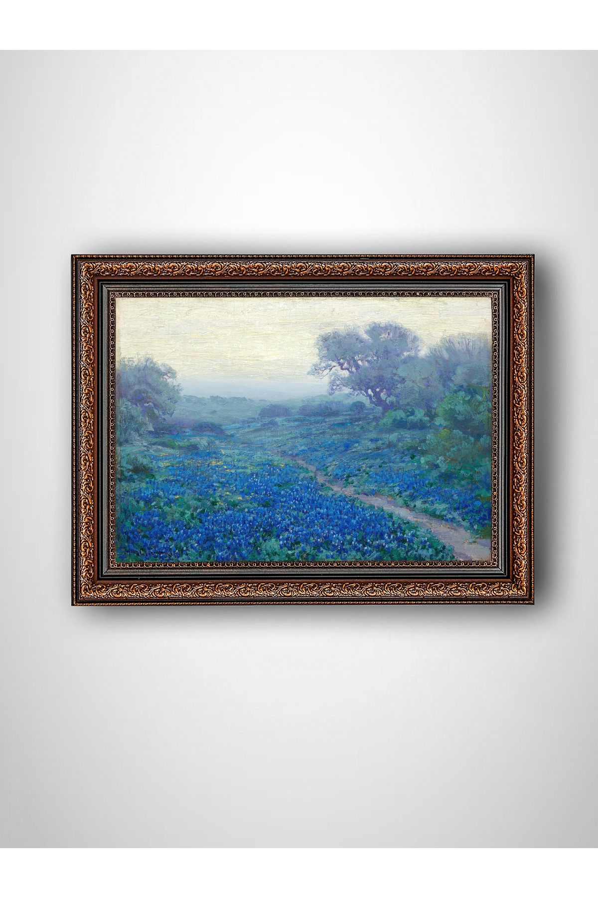 WoodyArts Mor Çiçekli Tarla - Kahverengi Vintage Çerçeve