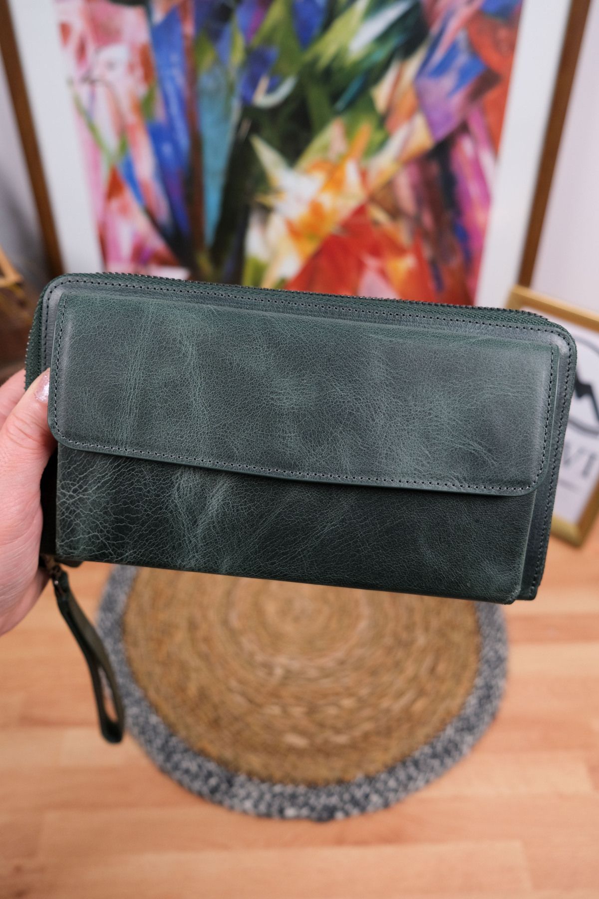 Norvi Leather Tutamaçlı Çok Bölmeli Hakiki Deri Lüks El Çantası Yeşil