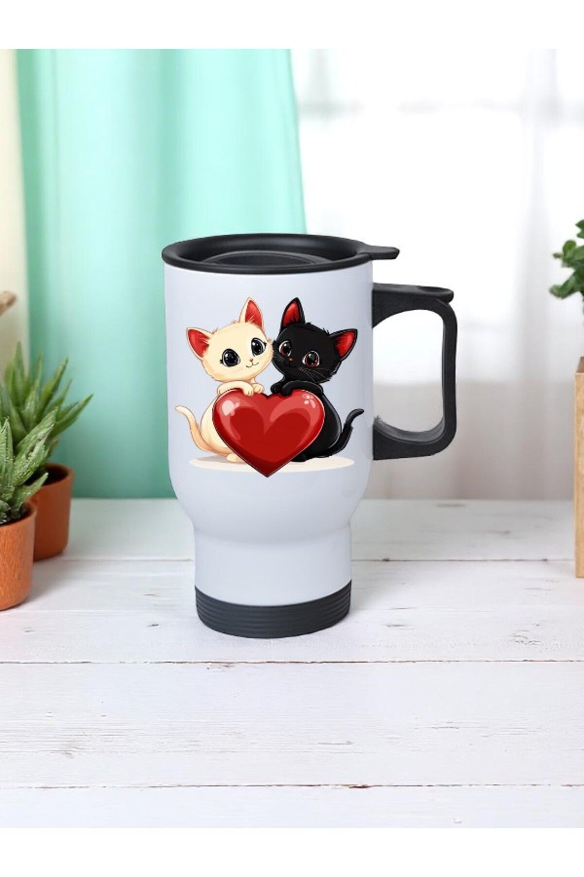 lili hediyelik Siyah Beyaz Kedi ve Kalp Baskılı Kulplu Çelik Bardak Termos 450 ml
