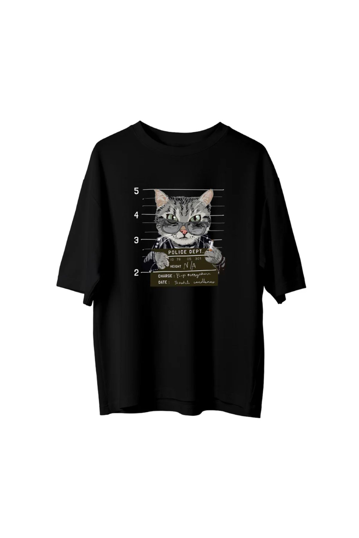 Koklonmoda Büyük Beden Unisex Suçlu Kedi Baskılı Oversize T-Shirt