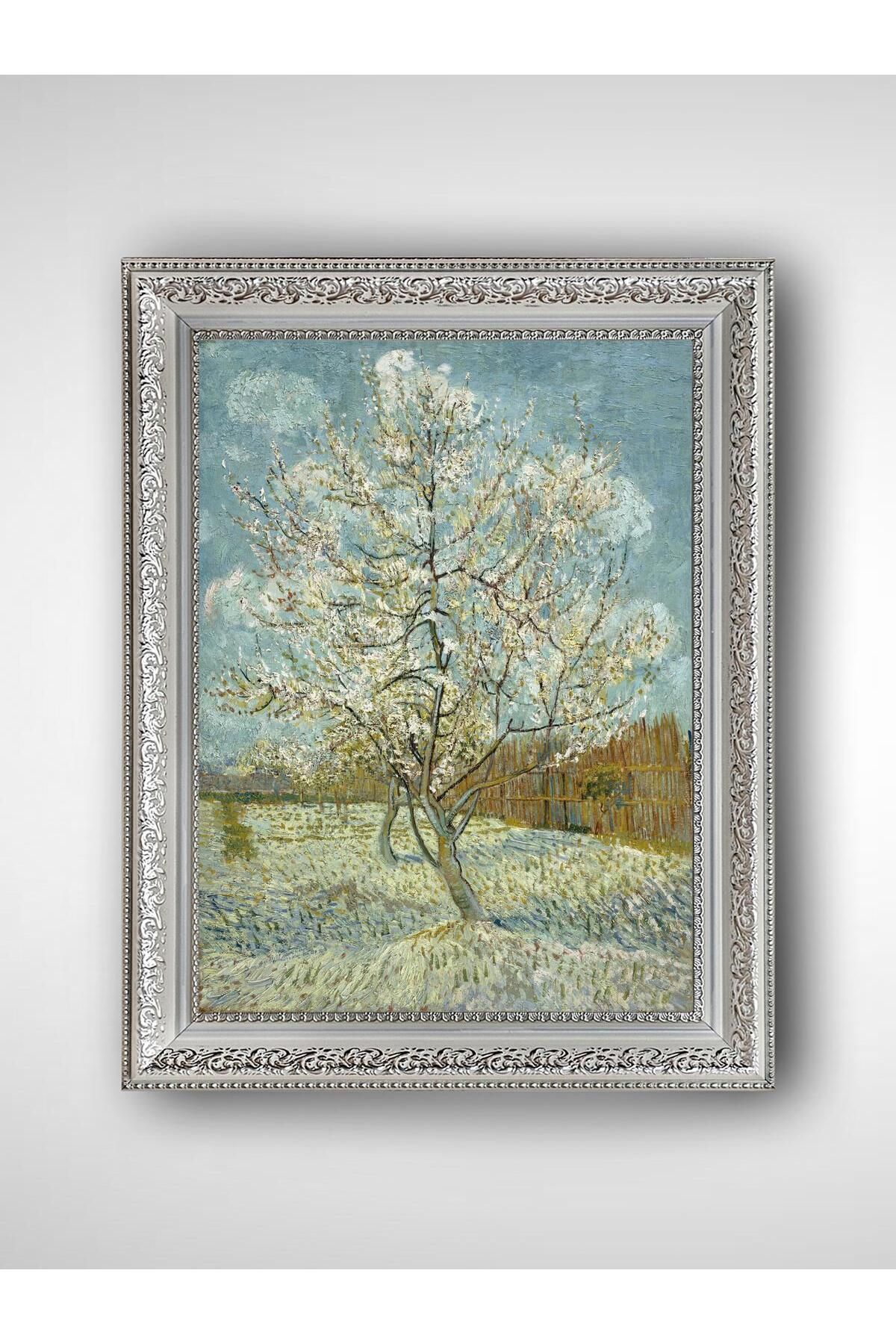 WoodyArts Van Gogh Pempe Şeftali Ağacı - Beyaz Vintage Çerçeve