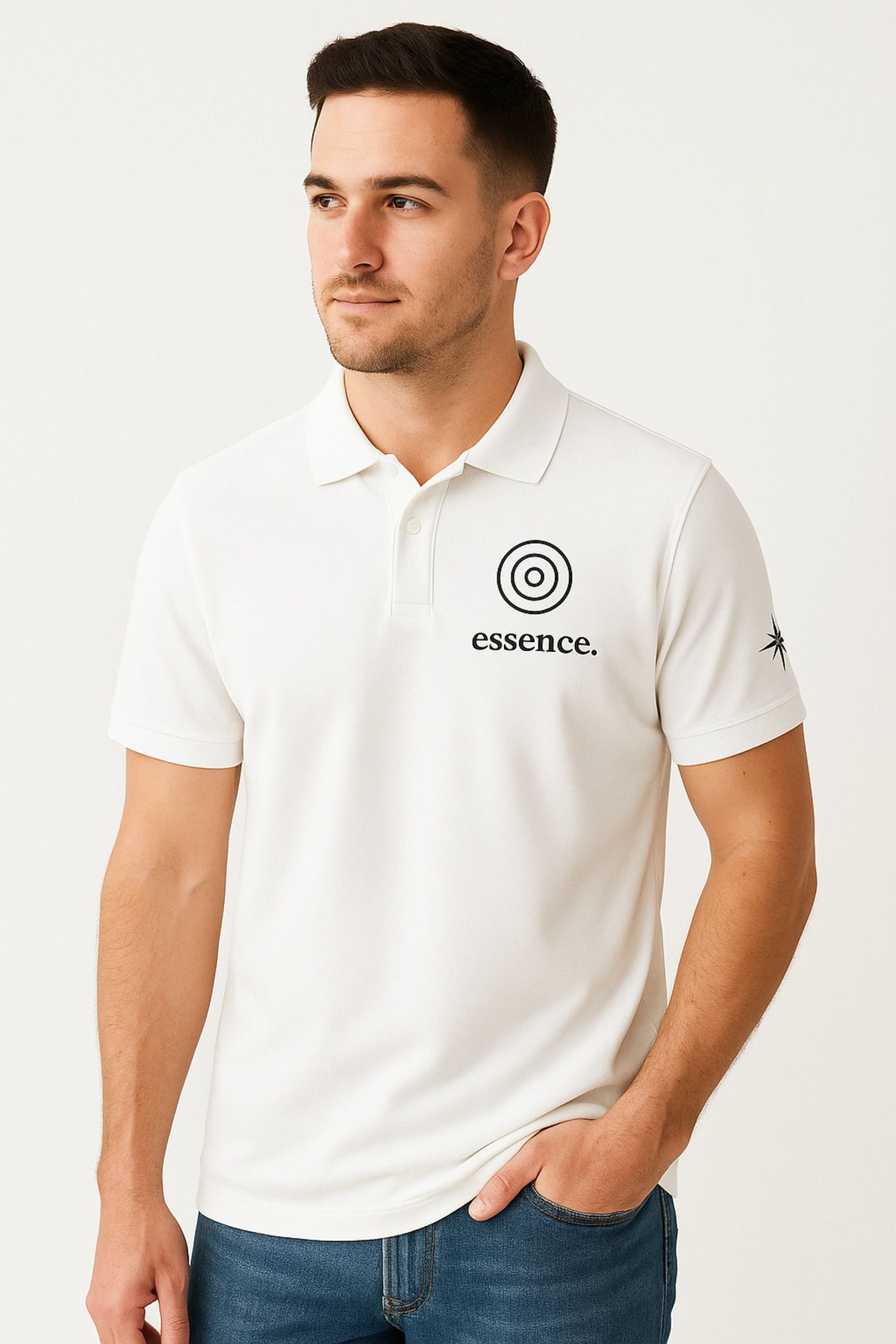 MODA Erkek Beyaz Polo Yaka Tişört - Essence Baskılı