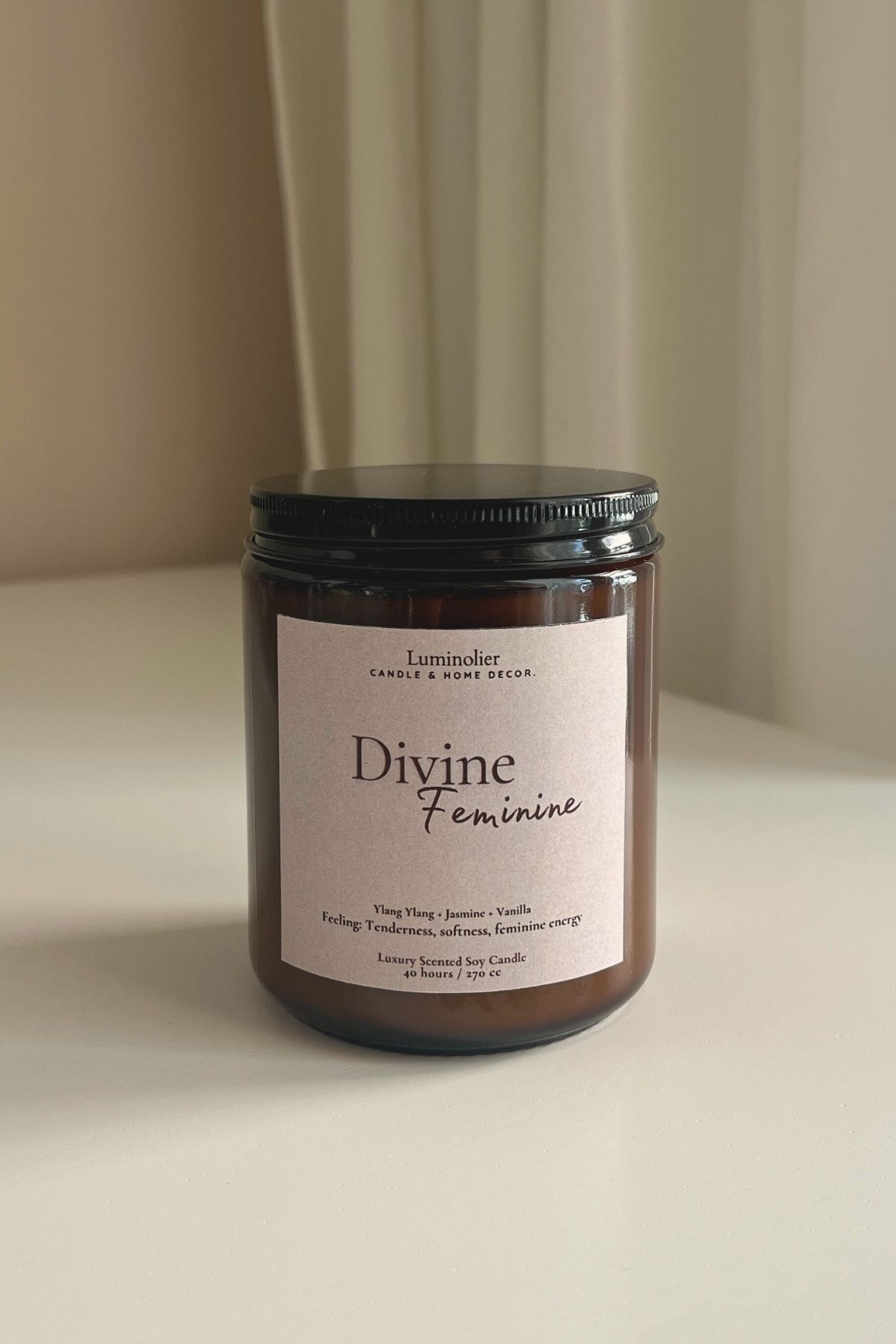Luminolier Ylang Ylang & Yasemin & Vanilya Kokulu Doğal Soya Mum - Divine Feminine - Amber Kavanoz - 270 Cc