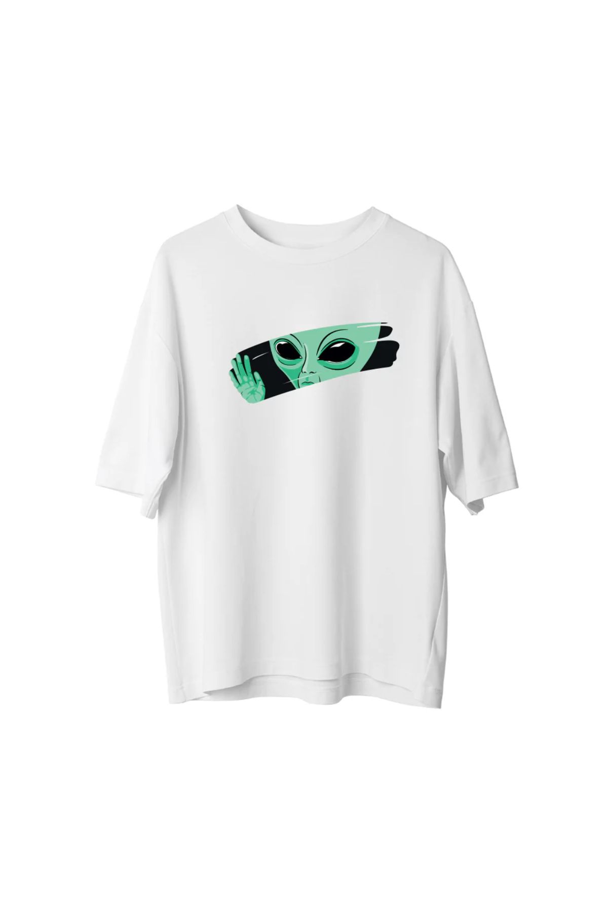 Koklonmoda Büyük Beden Unisex Uzaylı Baskılı Oversize T-Shirt