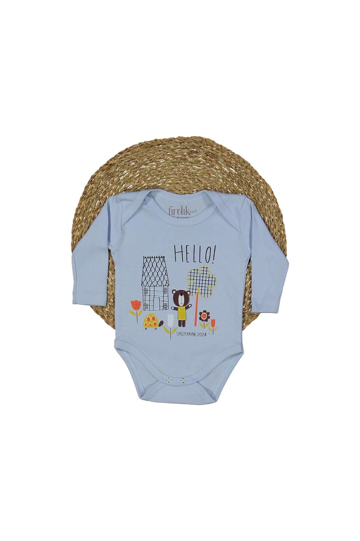 almira anne bebek Erkek Bebek Hello Ayıcık Baskılı Uzun Kollu Mavi Renk Bady