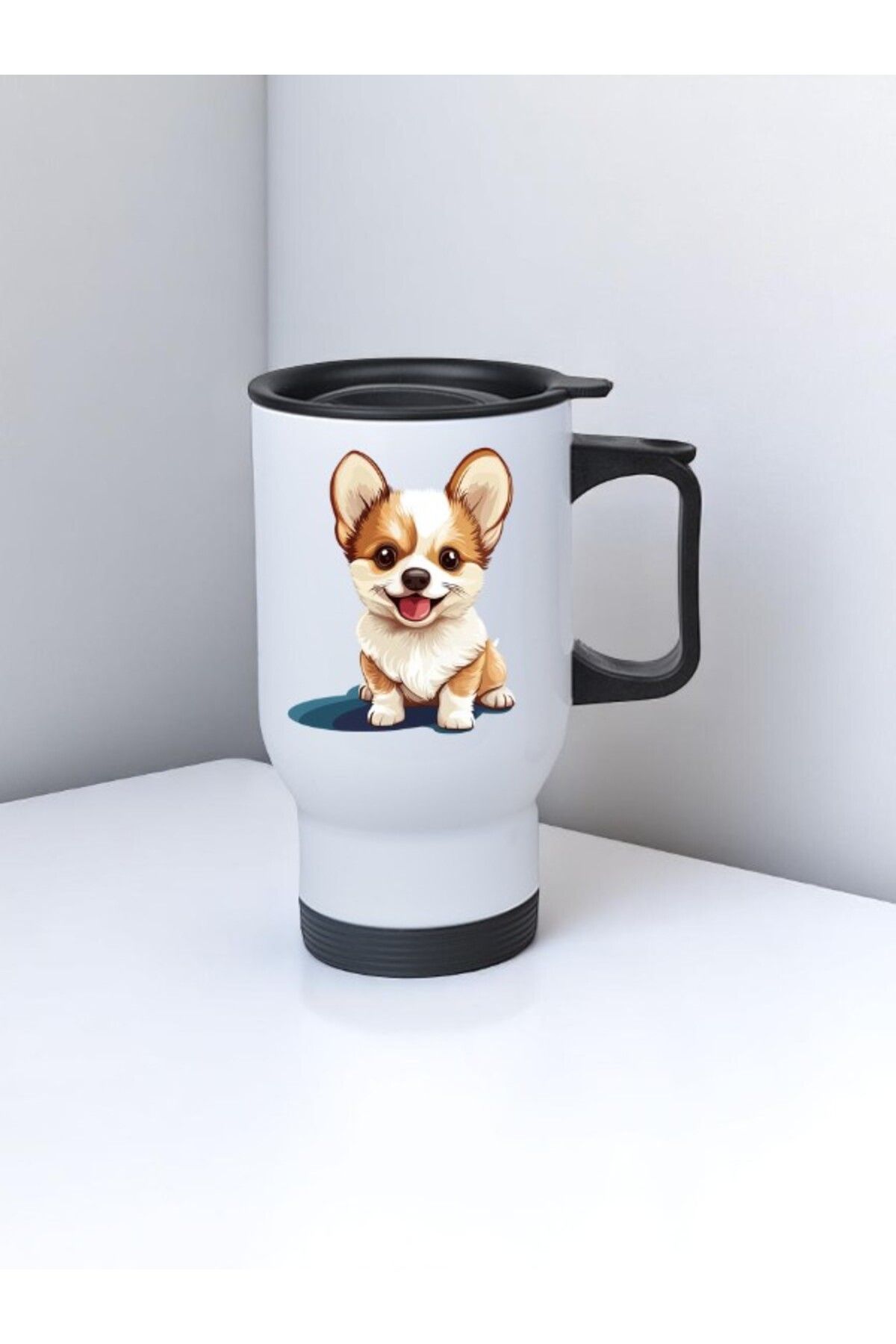 lili hediyelik Tatlı Köpek Baskılı Kulplu Çelik Bardak Termos 450 ml
