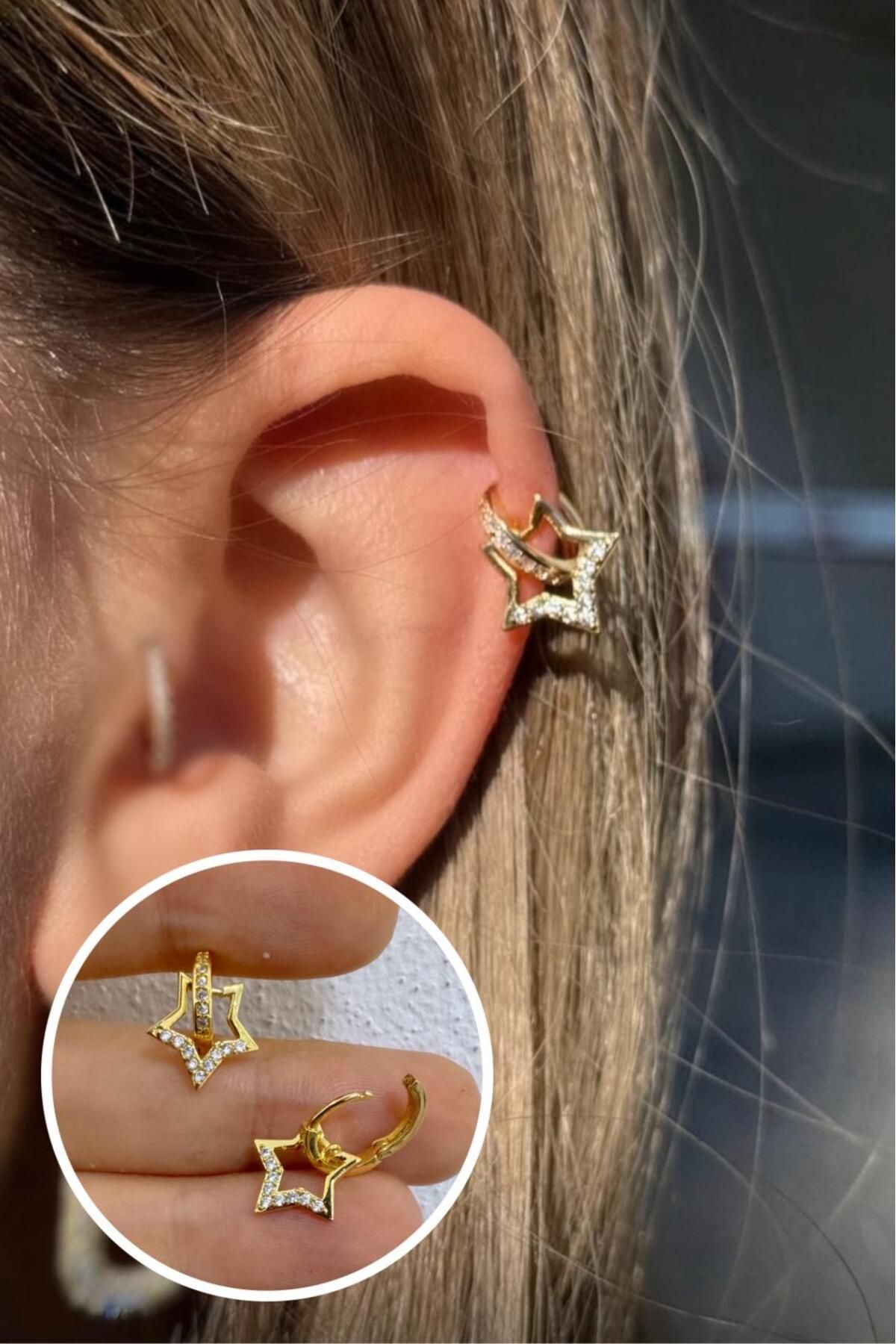 Arescollection 1 ADET ZİRKON TAŞLI YILDIZ DETAYLI HALKA HELİX LOBE TRAGUS UYUMLU PİERCİNG