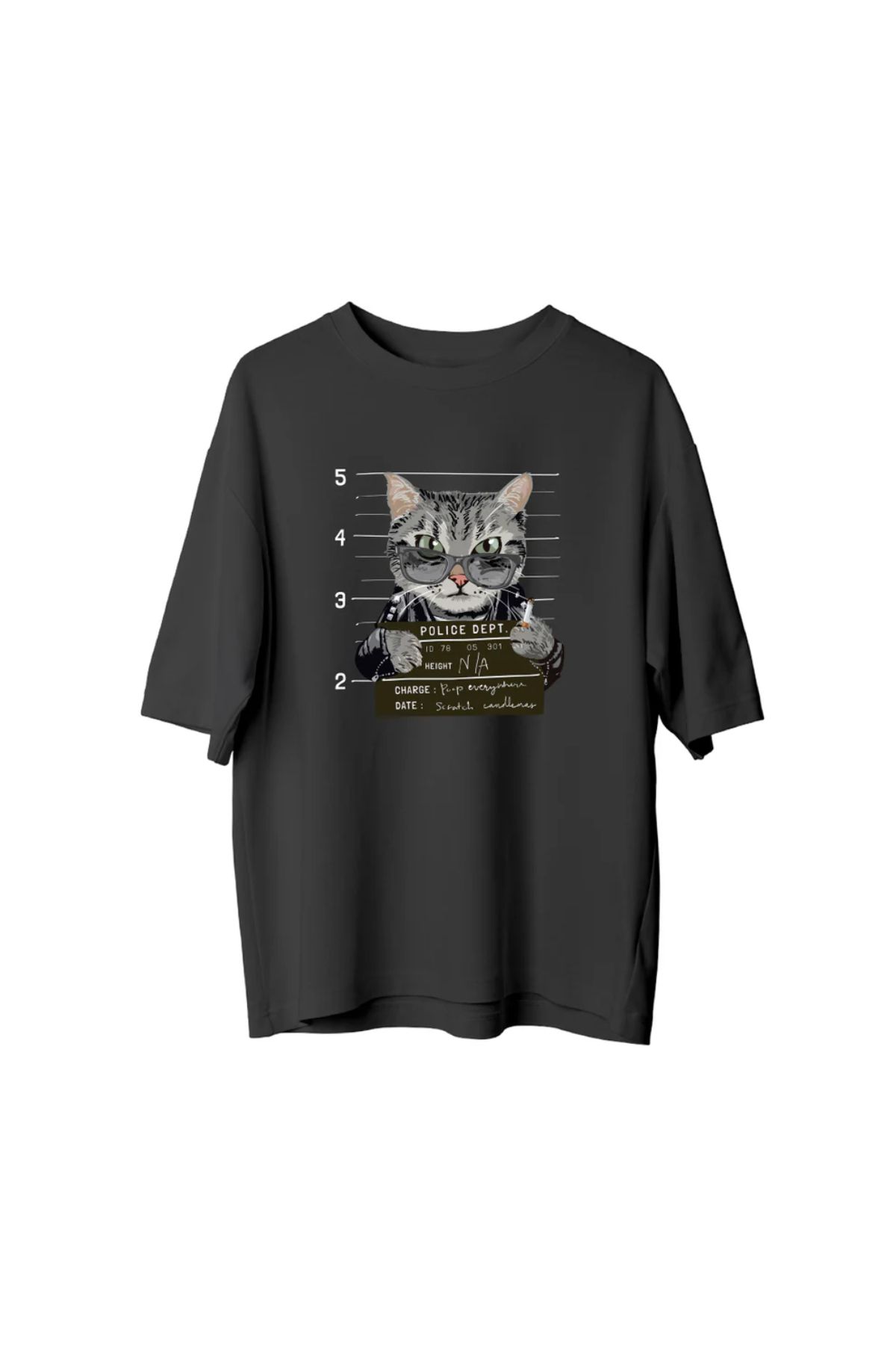 Koklonmoda Büyük Beden Unisex Suçlu Kedi Baskılı Oversize T-Shirt