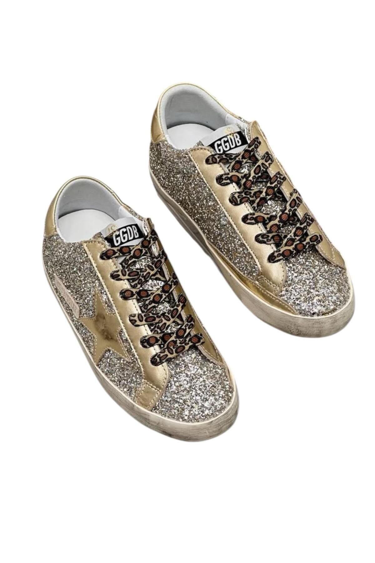 Globalux Women's Super-Star Gldn Goose Glitter Sneaker - Gold Glitter Leopard Laces-Kadın Ayakkabı Sneakers
