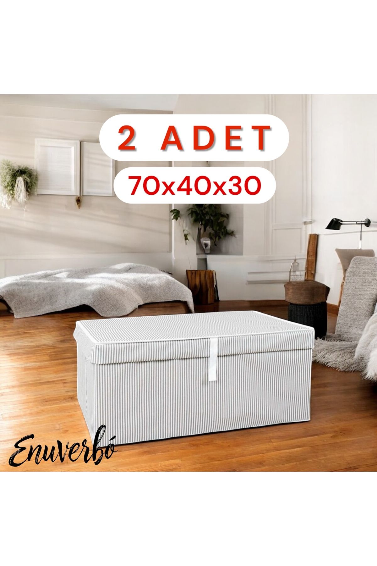 Enuverbi 2 Adet Megaplus Kapaklı Yastık Yorgan Saklama Kutusu Giysi Hurcu Çeyiz Sandığı (70x40x30 Cm) - Gri