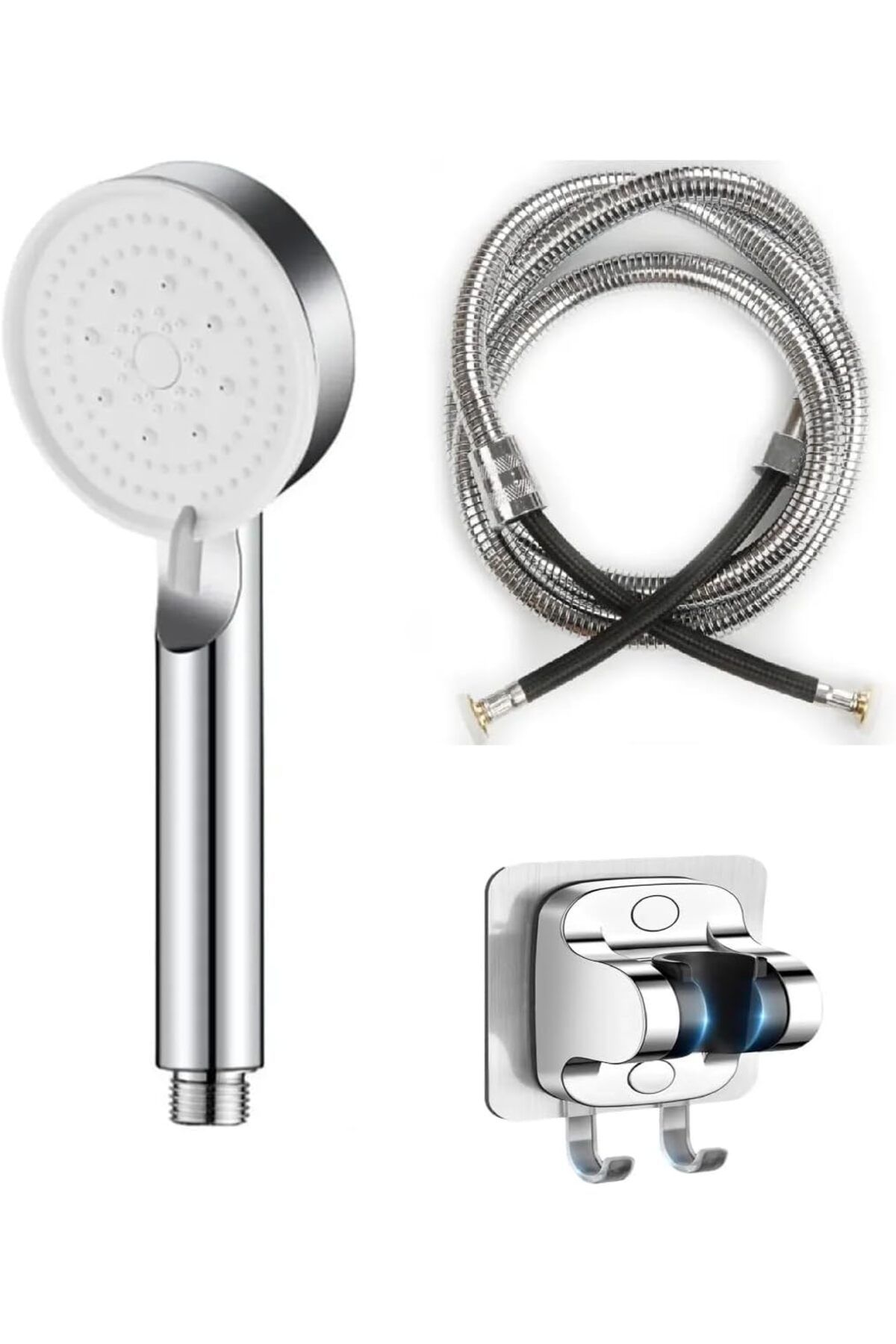 MCreative 5 Fonksiyonlu Yüksek Basınçlı Duş Başlığı Yapışkanlı Mafsal Hortum Duş Seti, Siyah, 150 cm (Krom)