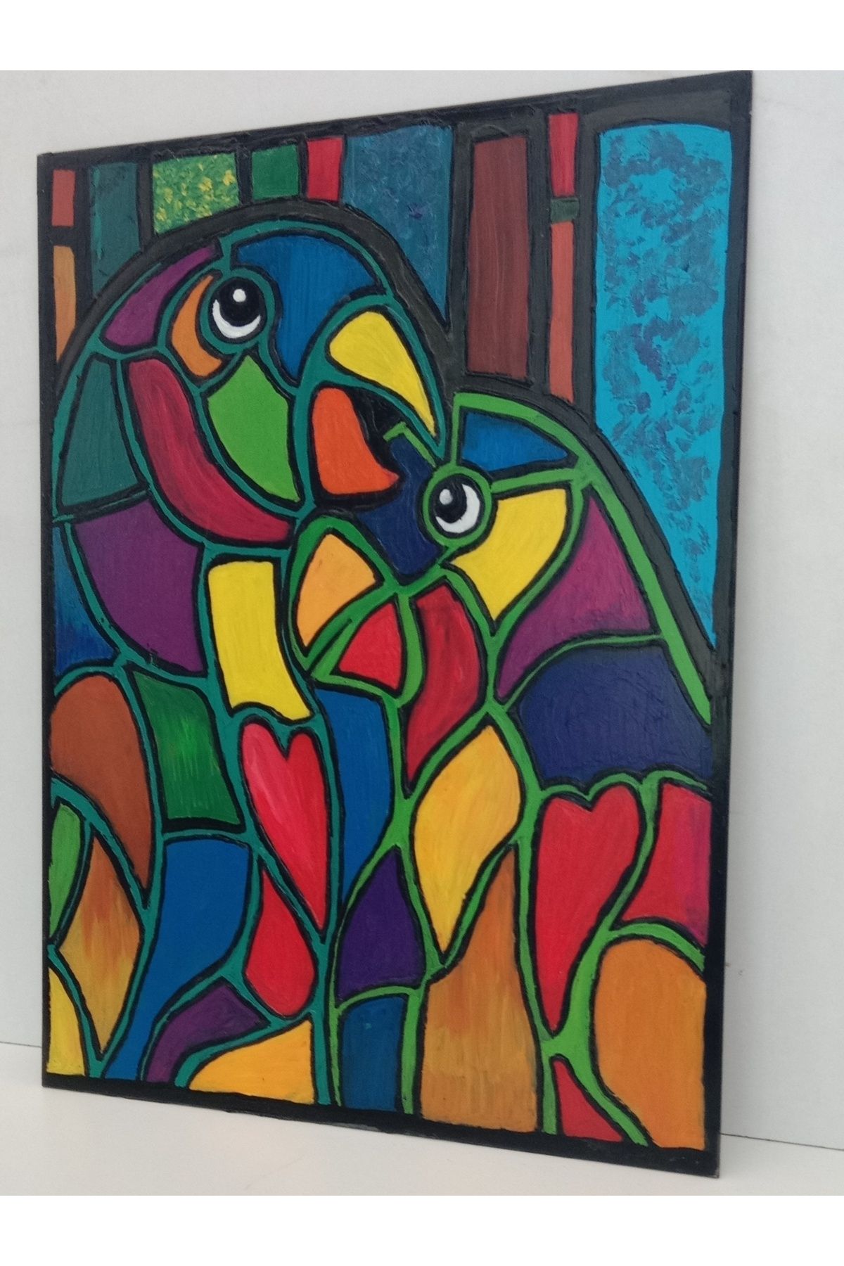 Öz .Green Art Home El yapımı, renkli papağanlar, akrilik cam tablo