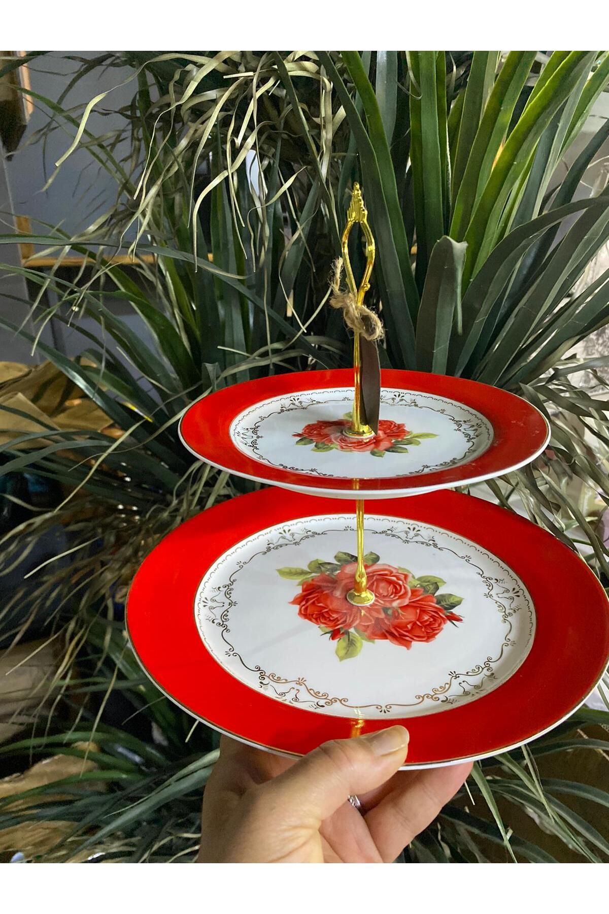 elif aksesuar Kırmızı 2 Katlı Sunum Tabağı